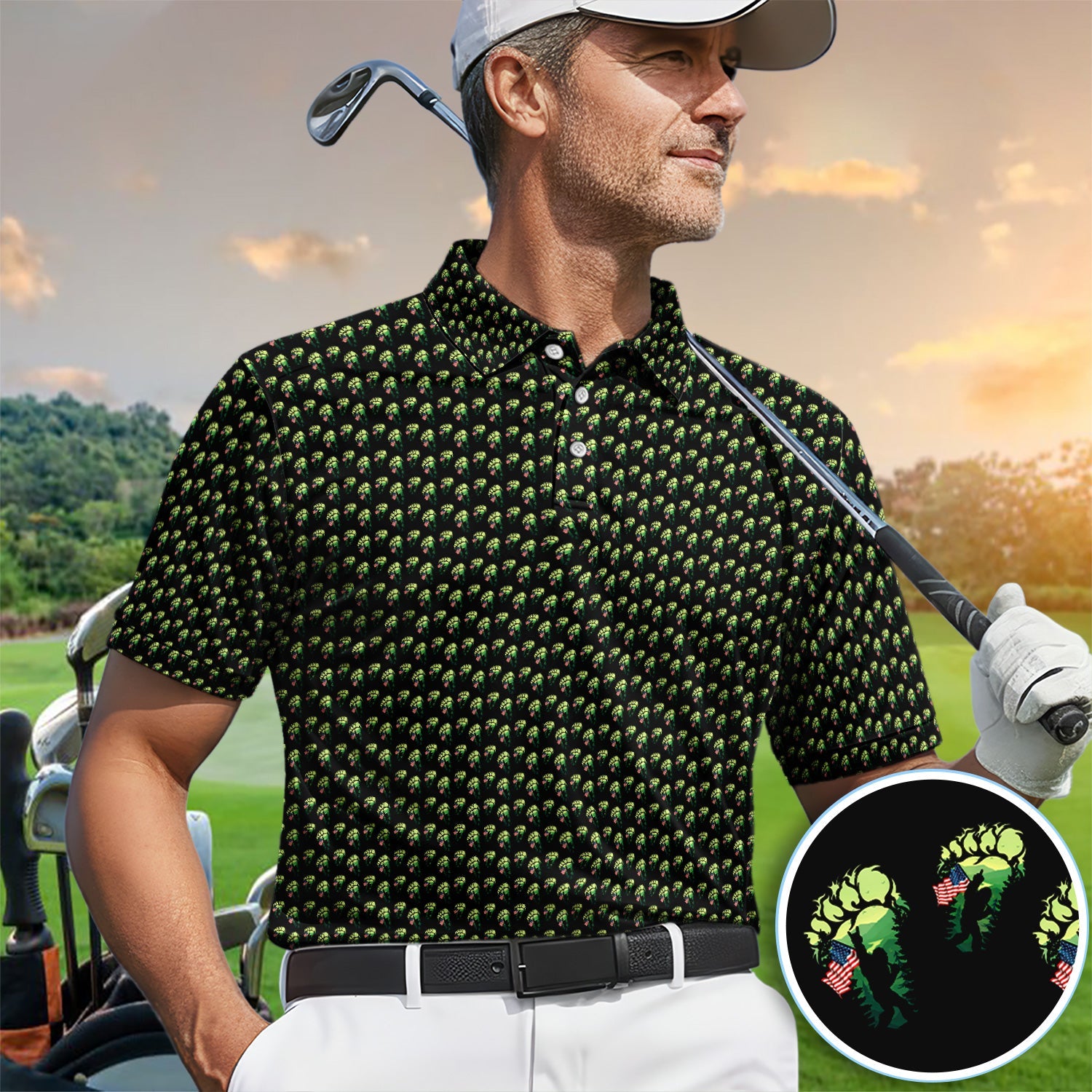 Bigfoot Patriotic Polo Shirt, American Flag Sasquatch Golf Shirt, Funny Bigfoot Footprint Pattern Polo For Men, Unique Gift For Golfer