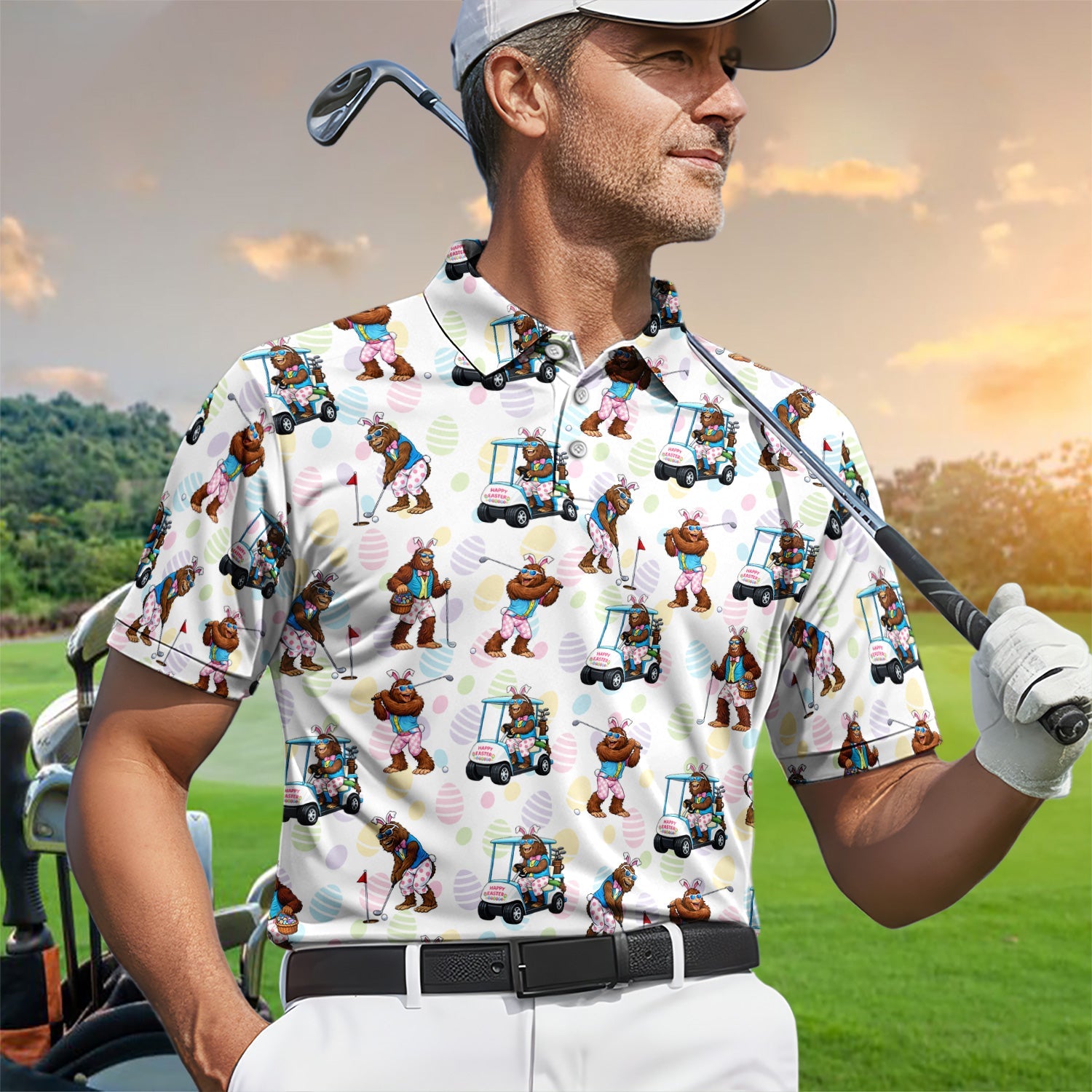 Funny Easter Bigfoot Golf Polo Shirt, Bunny Sasquatch Golfer Shirt, Unique Golf Gift for Men