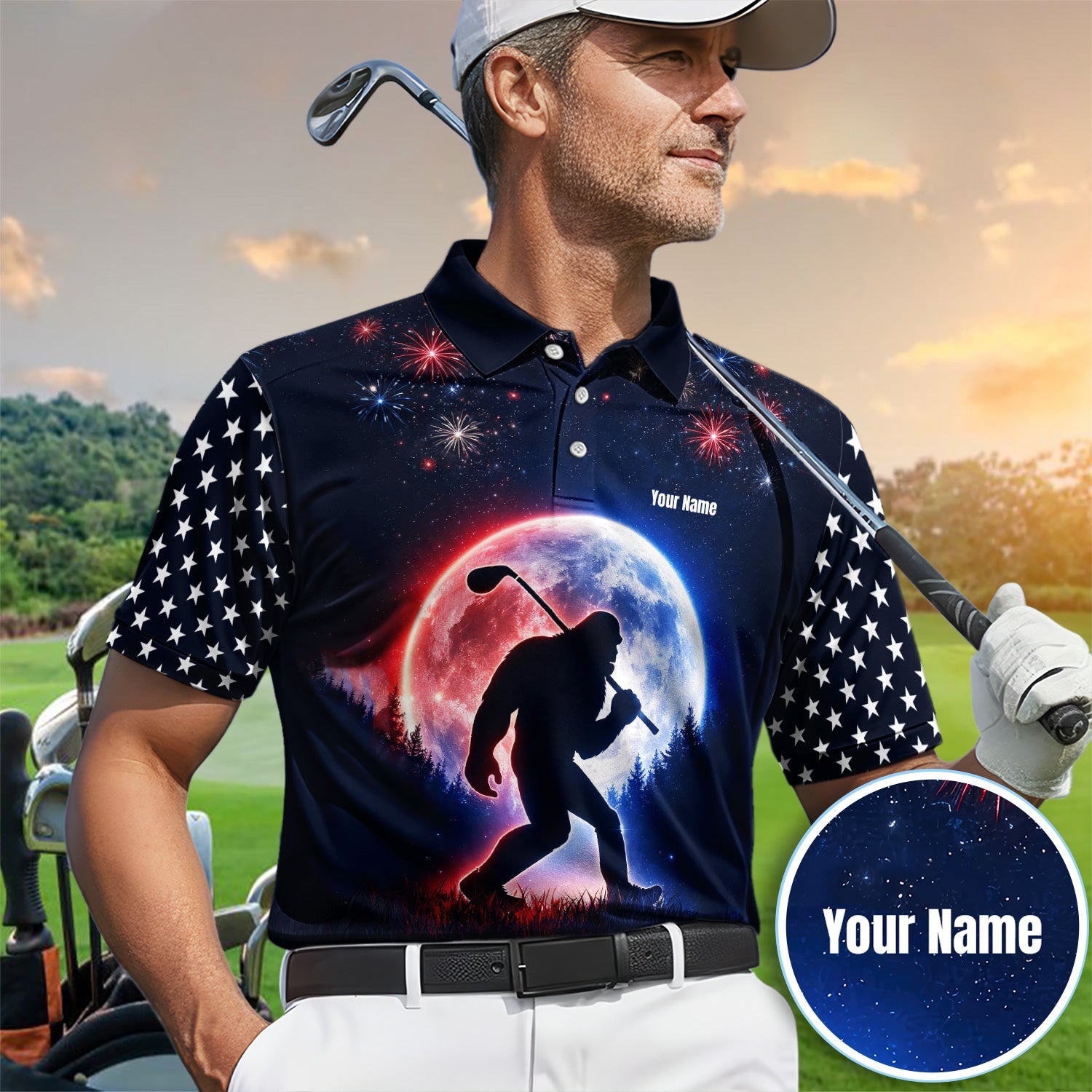Bigfoot Golfer Patriotic Polo Shirt For Men, Custom Name USA Fireworks Moon Silhouette Sasquatch Golf Shirt