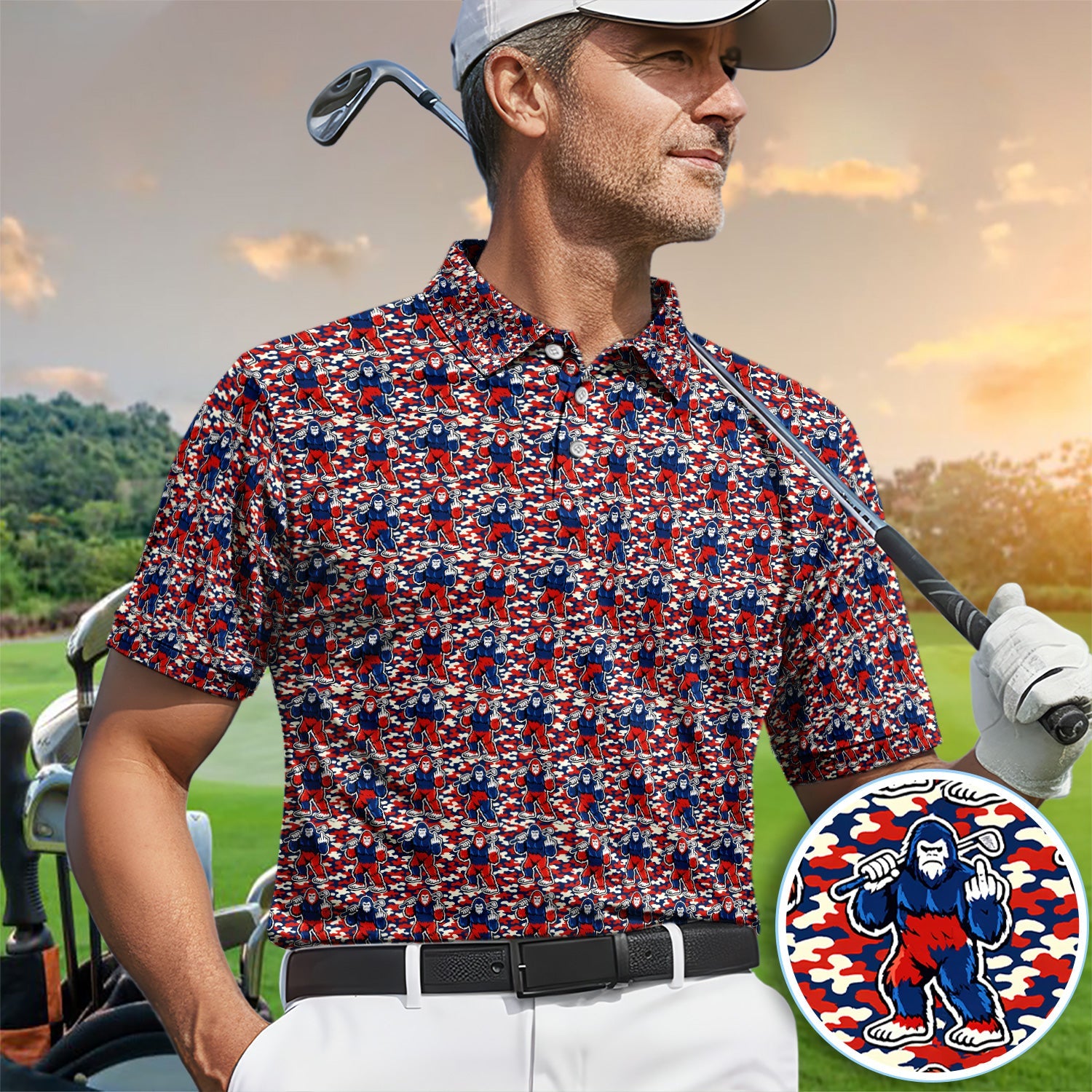 Patriotic Bigfoot Golf Polo Shirt, Red White Blue Camo Sasquatch Pattern Shirt, Funny Golfer Gift For Men