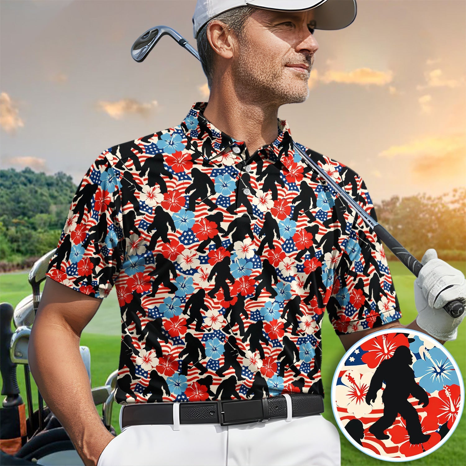 Patriotic Bigfoot USA Flag Floral Golf Pattern Shirt, Sasquatch Golf Shirt For Men, 4th Of July Golfer Gift