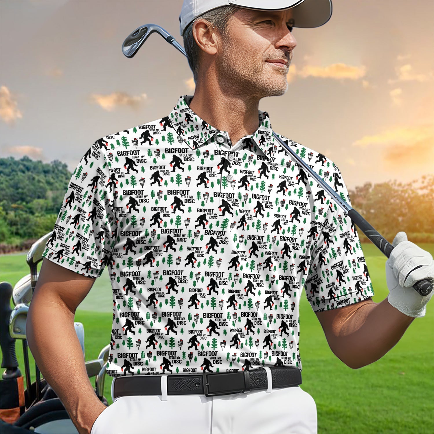Funny Disc Golf Polo Shirt, Bigfoot Sasquatch Disc Golfer Gift Shirt for Men