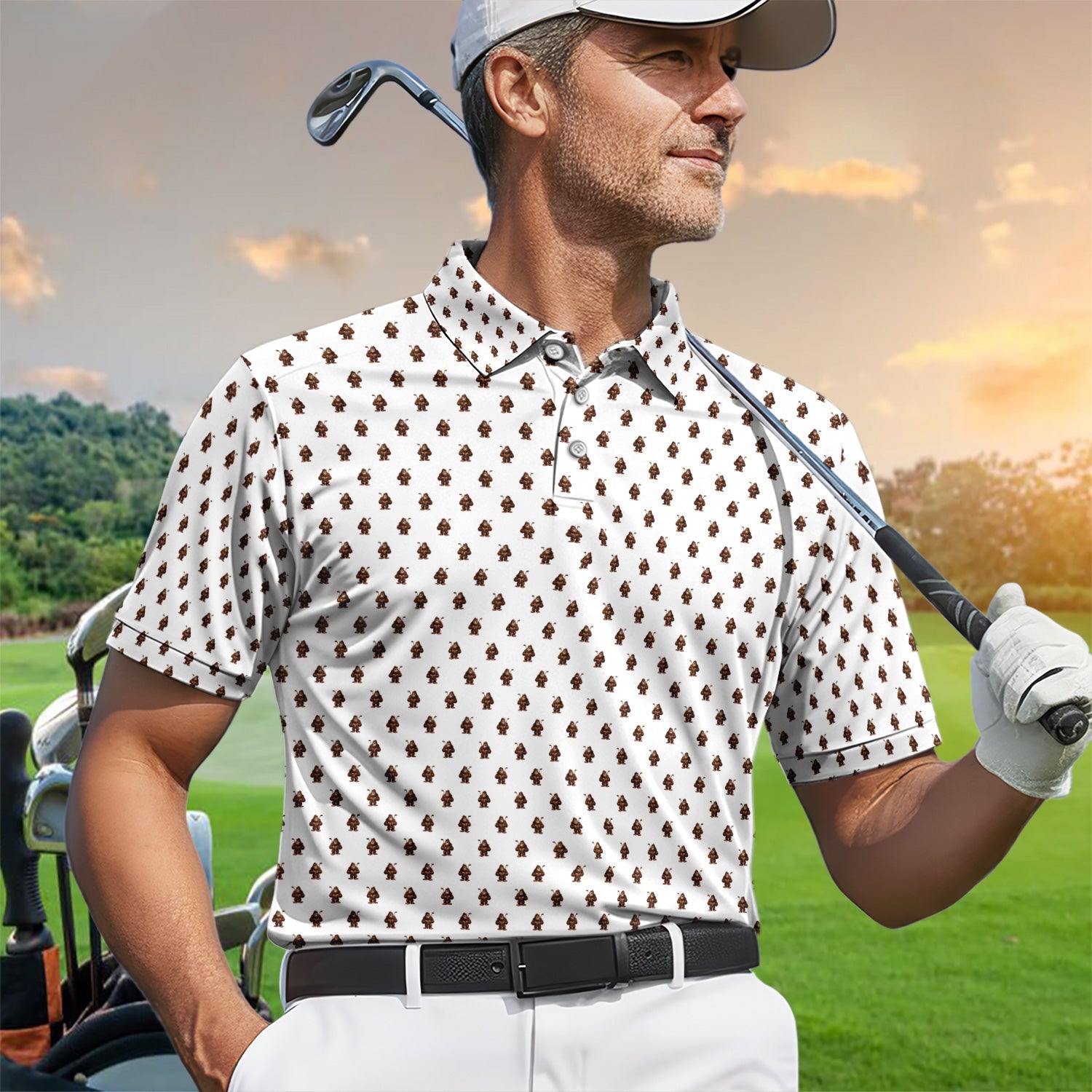 Funny Bigfoot Cartoon Pattern Golf Shirt, Cute Sasquatch Golfer Polo Shirt For Men, Golfer Gift