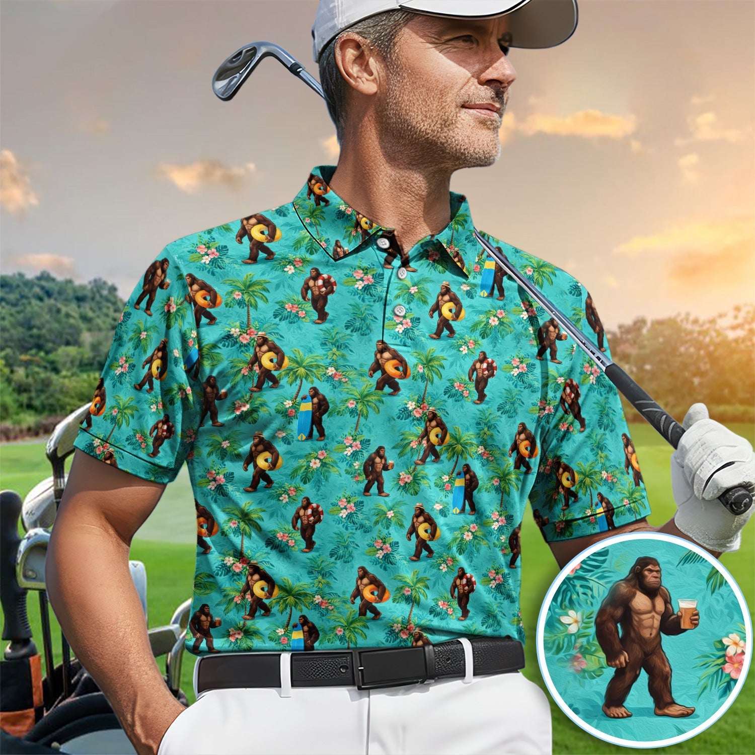 Funny Tropical Bigfoot Golf Pattern Shirt, Hawaiian Sasquatch Golf Shirt For Men, Beach Lover Gift