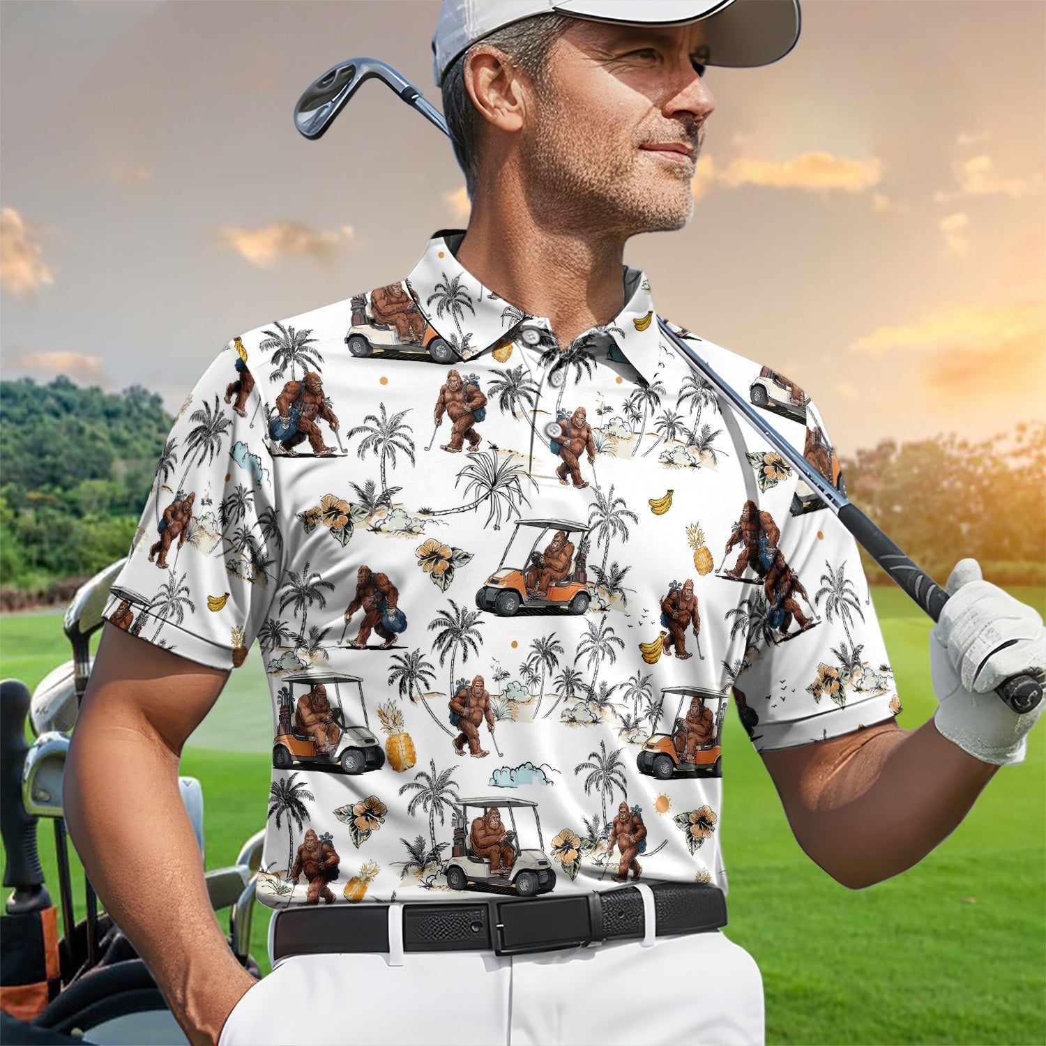 Funny Bigfoot Golf Cart Tropical Pattern Golf Shirt, Sasquatch Golfer Palm Golf Shirt For Men, Golfer Gift