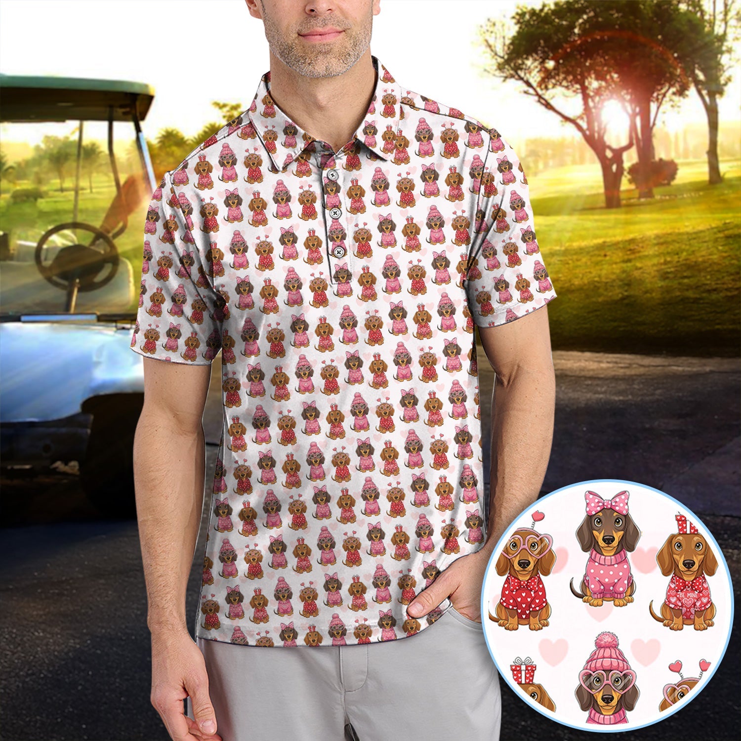 Valentine Dachshund Pattern Golf Polos, Wiener Dog Golf Shirt For Men, Crazy Golf Gift For Golfer