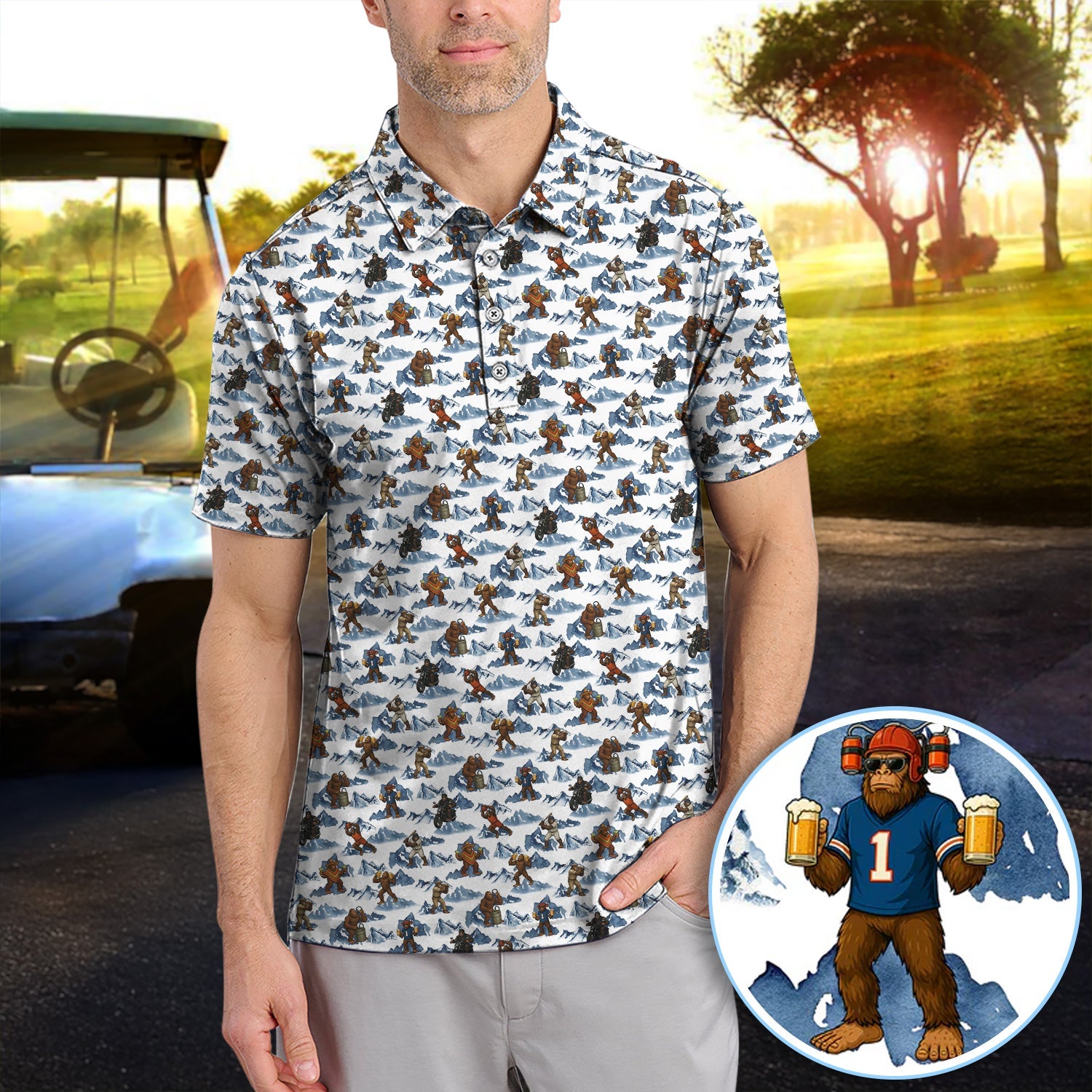 Bigfoot Pattern Golf Shirt, Sasquatch And Beer Golf Shirt For Men, Gift For Golfer
