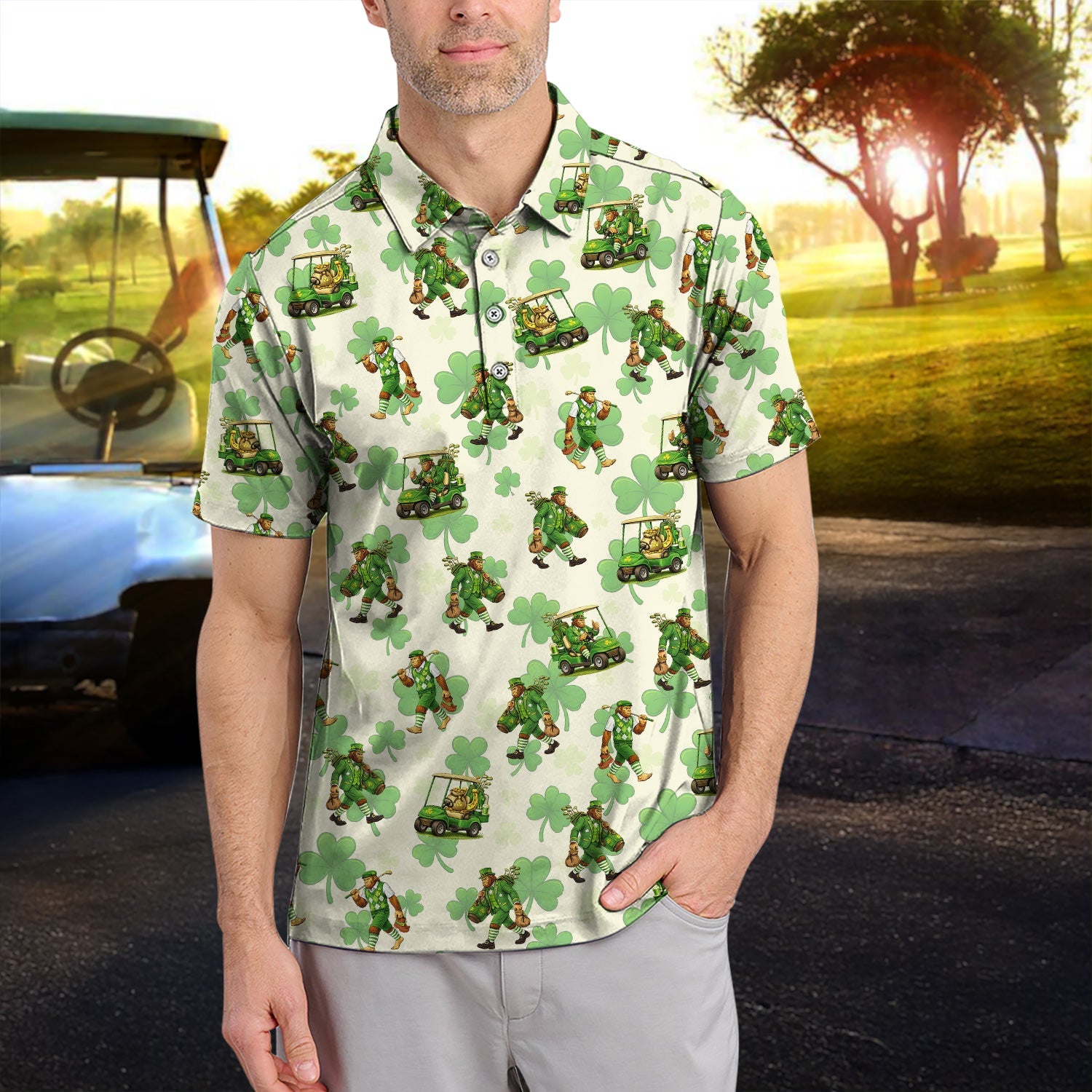 Funny Bigfoot Golf Polos For Men, St. Patrick’s Day Pattern Golf Shirt, Golf Gift For Golfer