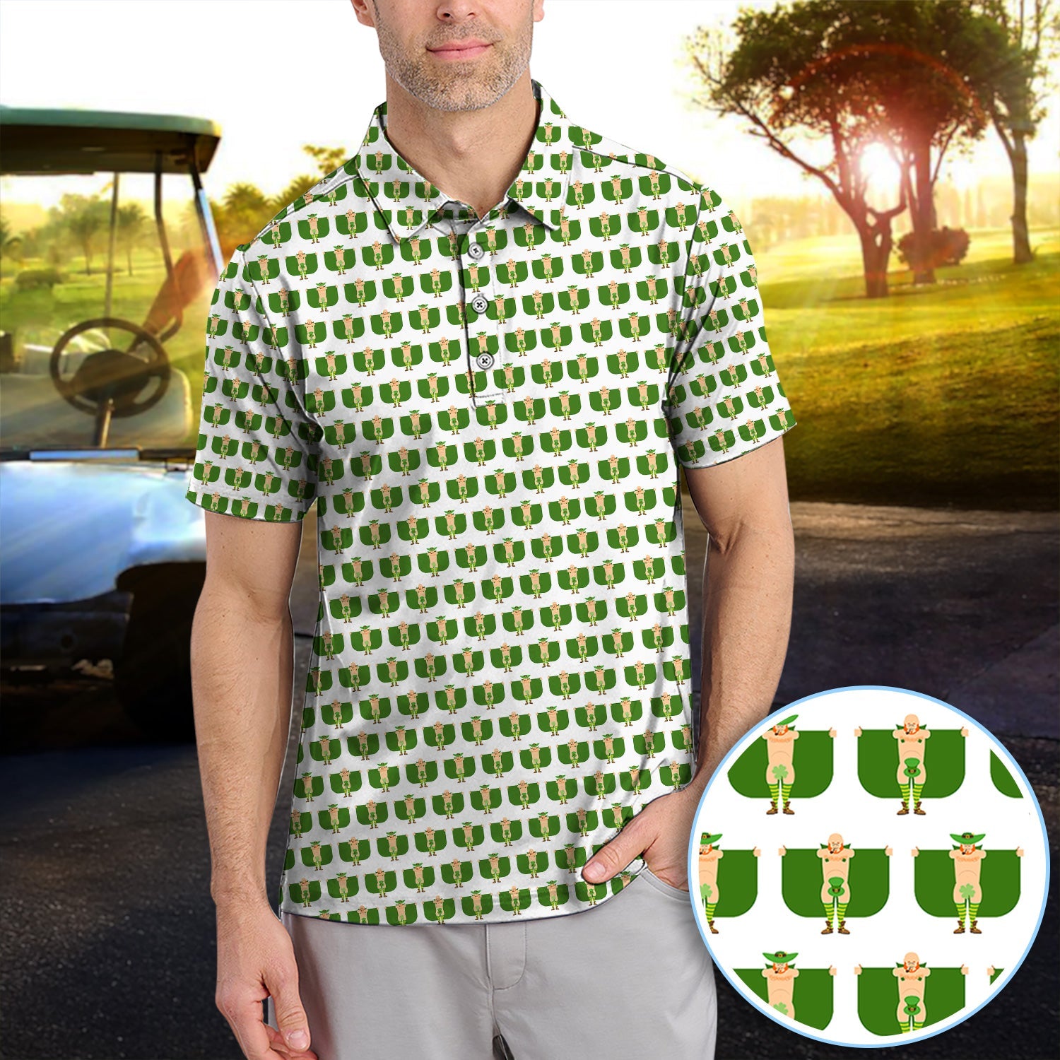 St. Patrick’s Day Leprechaun Pattern Golf Polos, Irish Golf Shirt For Men, Crazy Golf Gift For Golfer