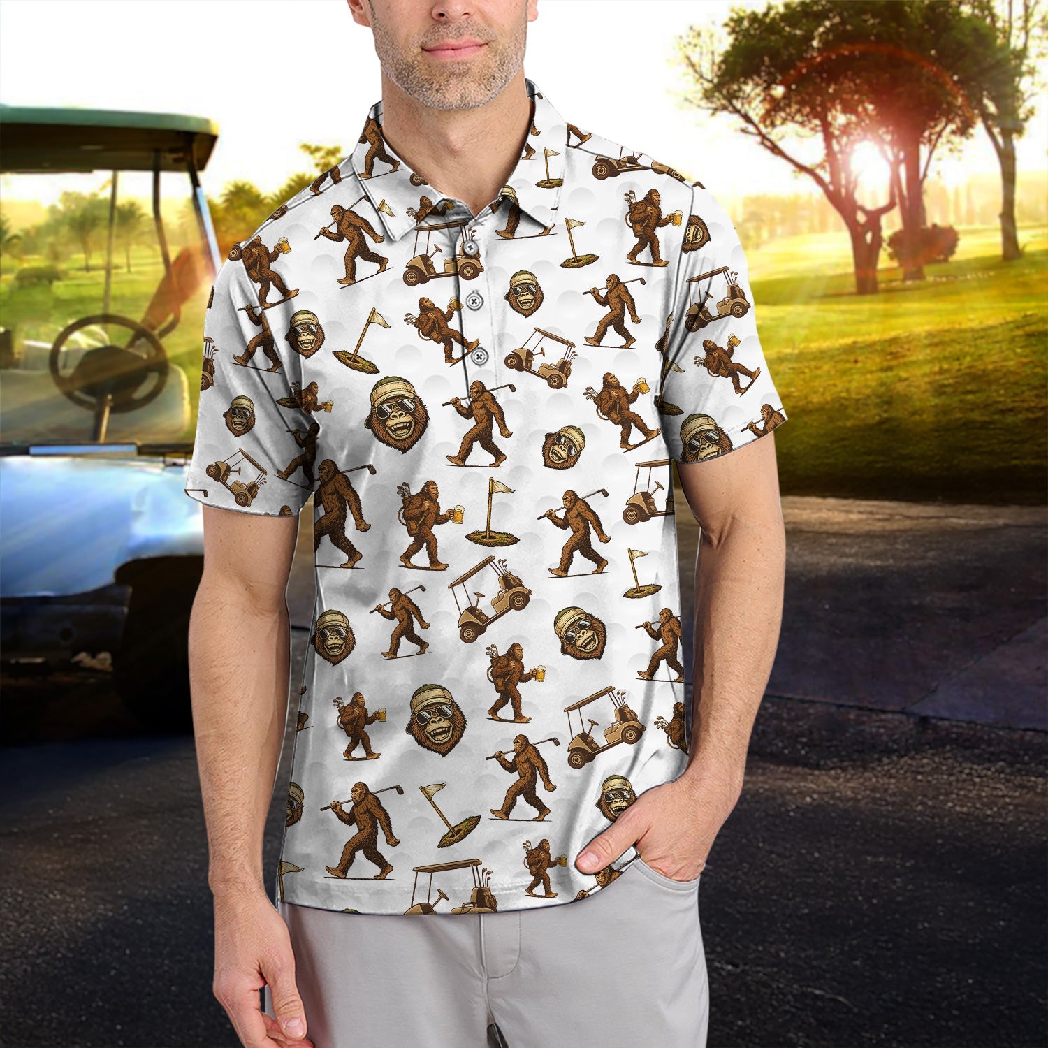 Sasquatch Pattern Golf Shirt For Men, Crazy Bigfoot Golf Polos, Funny Golf Gift For Golfer