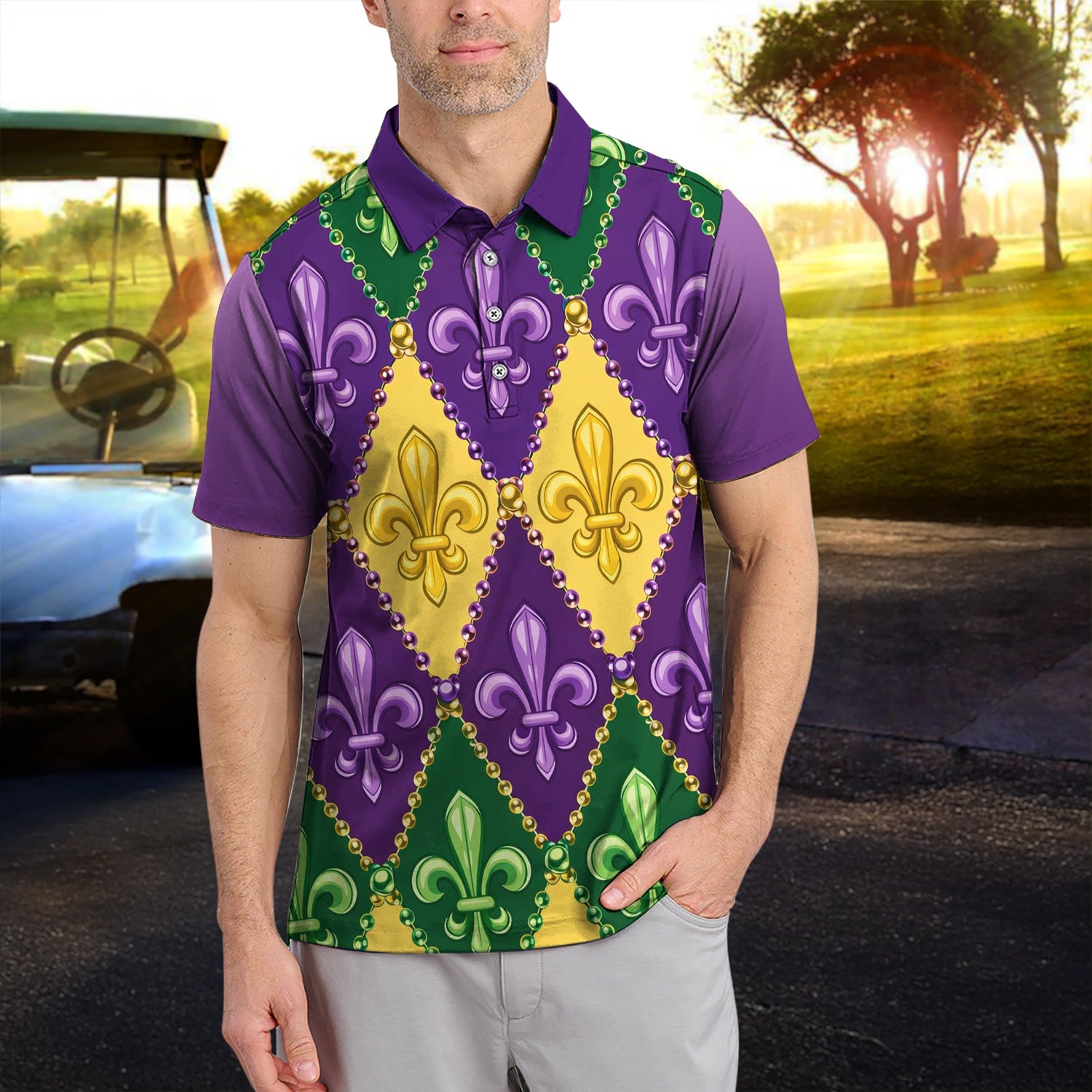 Crazy Mardi Gras Golf Shirt, Holiday Golf Polos For Men, Golf Gift For Golfer