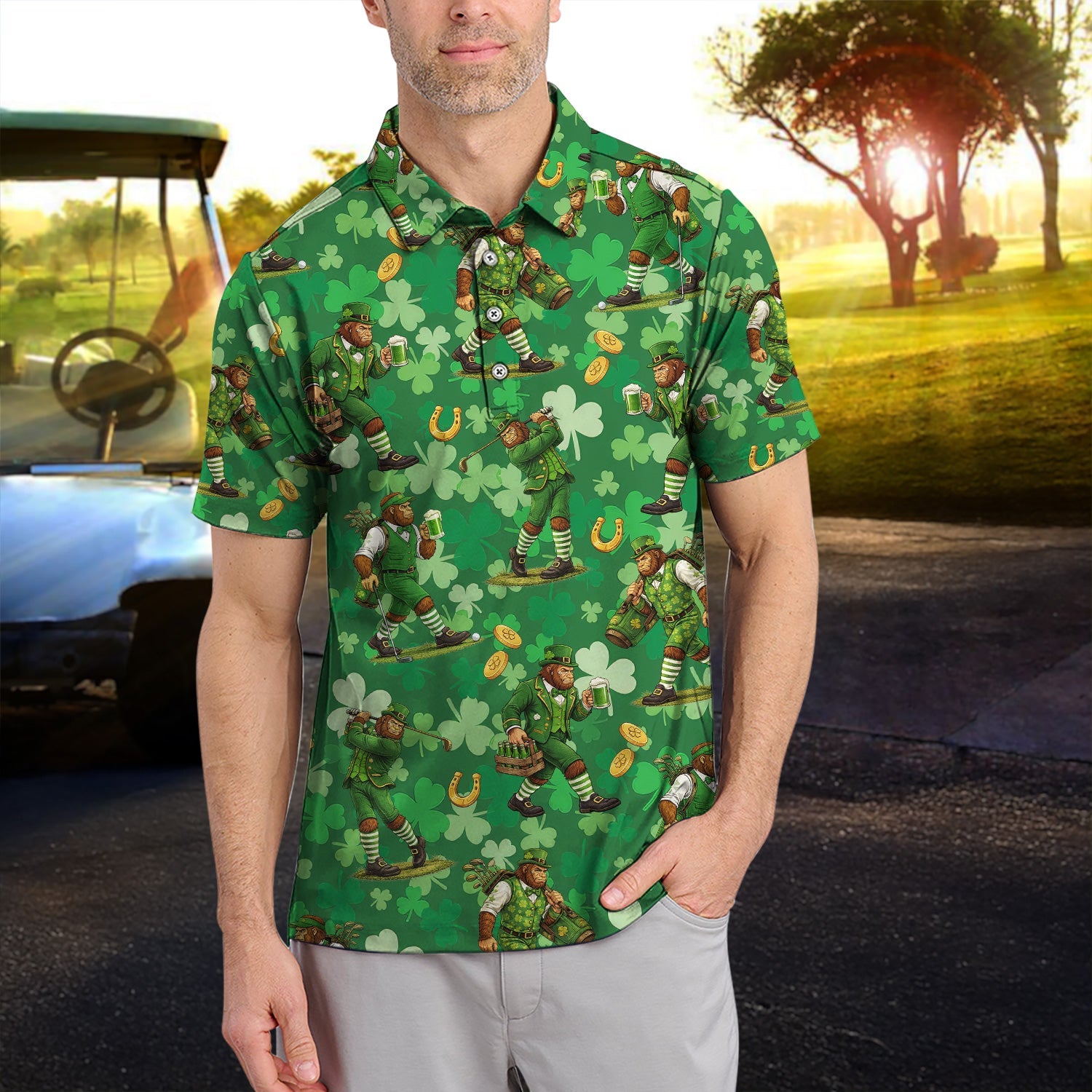 St. Patrick’s Day Bigfoot Leprechaun Golf Polos, Funny Irish Green Golf Shirt For Golfer, Golf Gift For Men