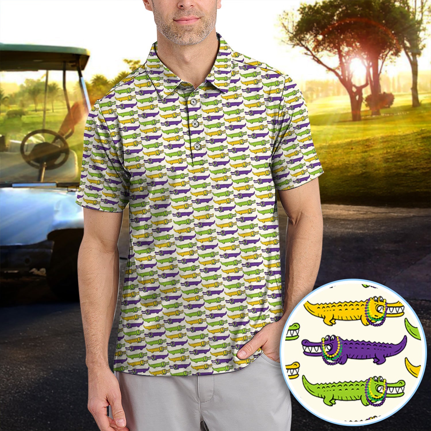 Mardi Gras Alligator Pattern Golf Shirt, Carnival Golf Shirt For Men, Golf Gift For Golfer