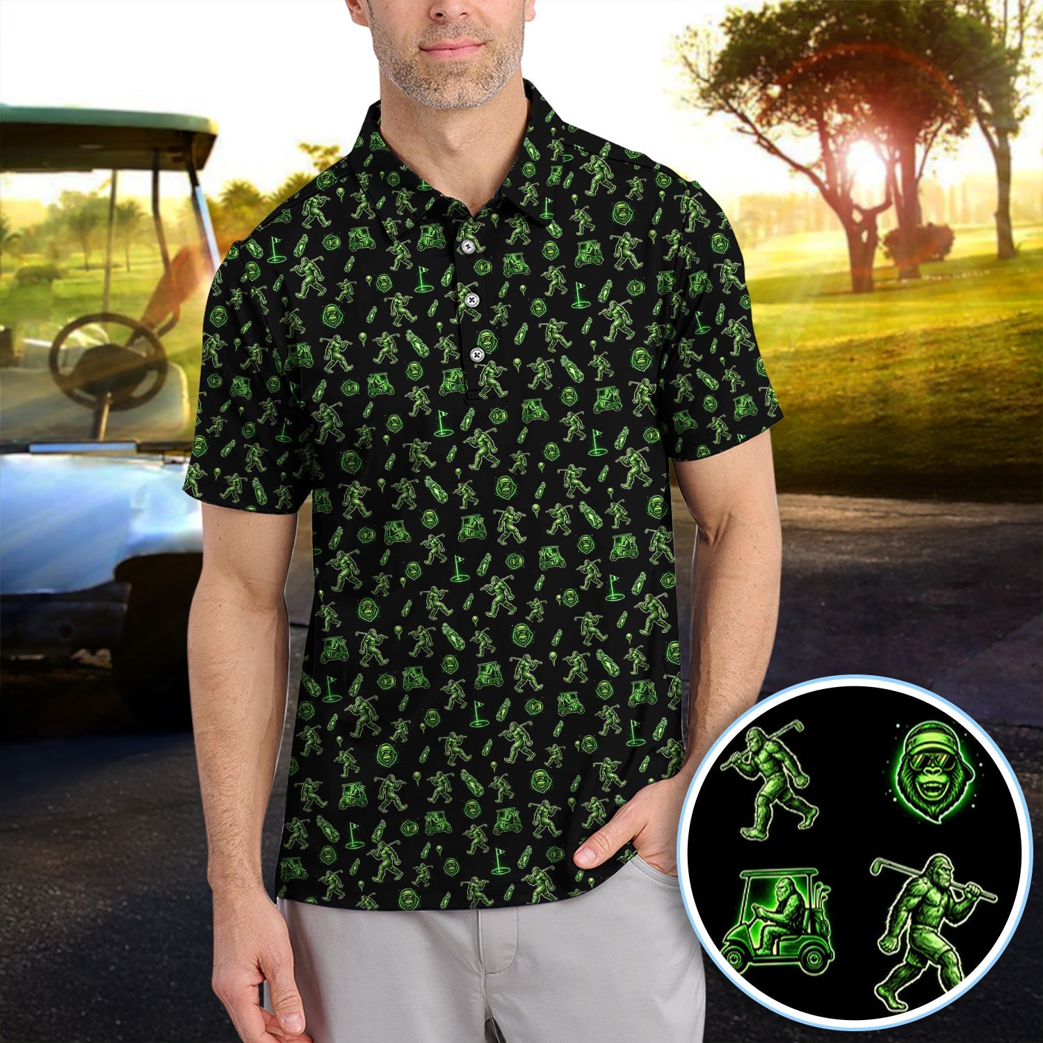 Sasquatch Neon Green Golf Pattern Shirt, Funny Bigfoot Golf Polos For Men, Golf Gift For Golfer