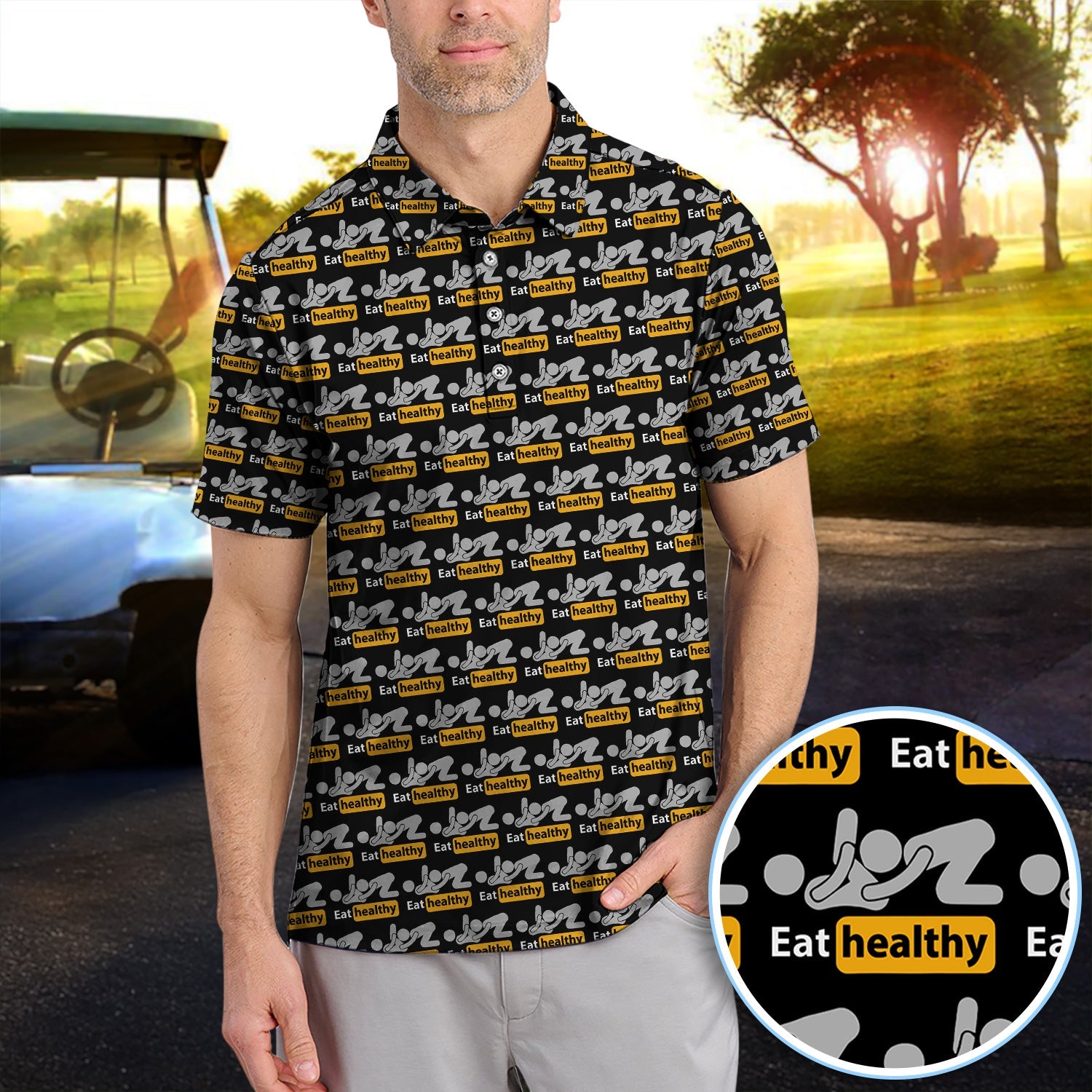 Eat Healthy Pattern Golf Polos, Crazy Modern Lifestyle Golf Shirt For Men, Golf Gift For Golfer