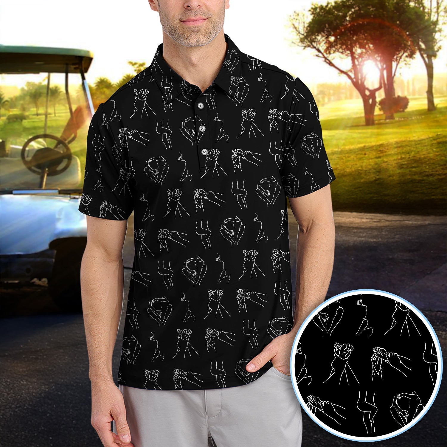 Minimal Line Art Pattern Golf Polos, Crazy Abstract Hands Golf Shirt For Men, Golf Gift For Golfer