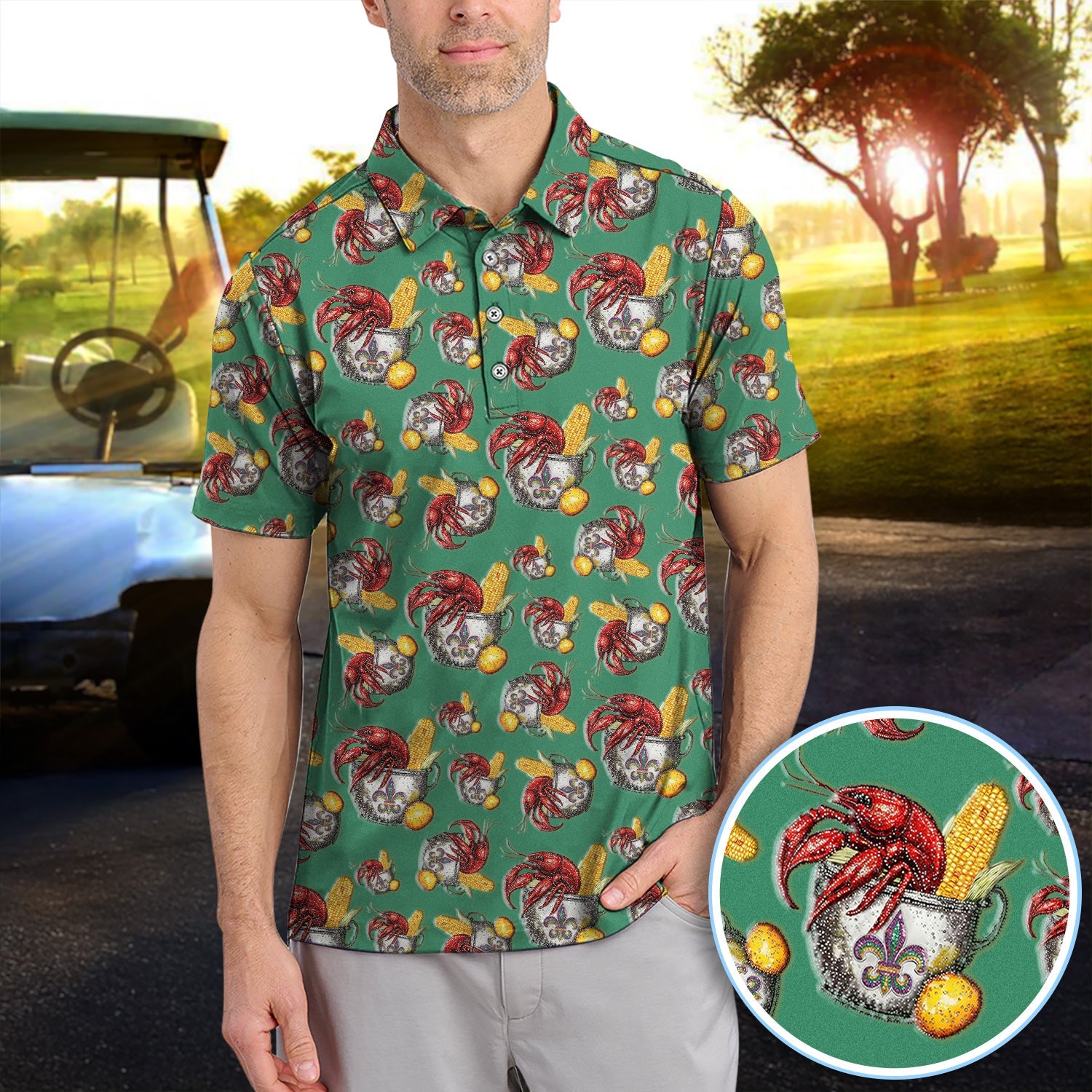 Mardi Gras Crawfish Pattern Golf Shirt, Funny Louisiana Crawfish Golf Polos For Men, Golf Gift For Golfer