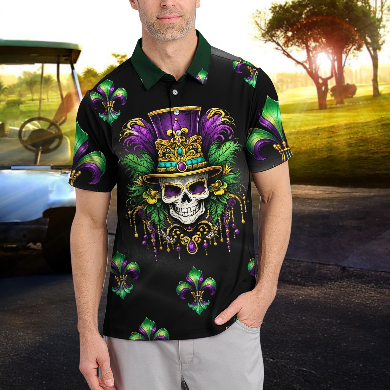 Mardi Gras Mask Skull Pattern Golf Shirt, Carnival Golf Polos For Men, Golf Gift For Golfer