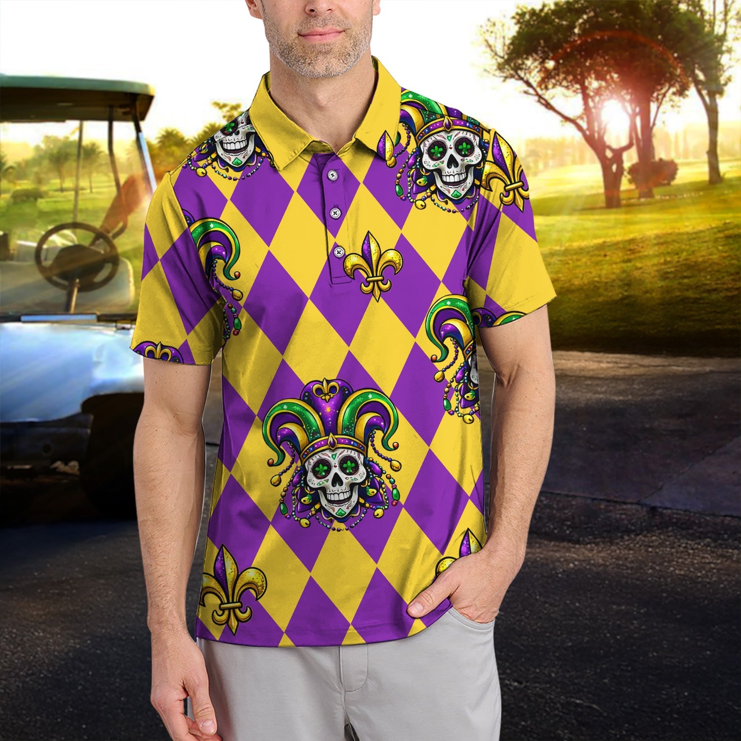 Mardi Gras Carnival Mask Skull Pattern Golf Shirt, Holiday Golf Polos For Men, Golf Gift For Golfer