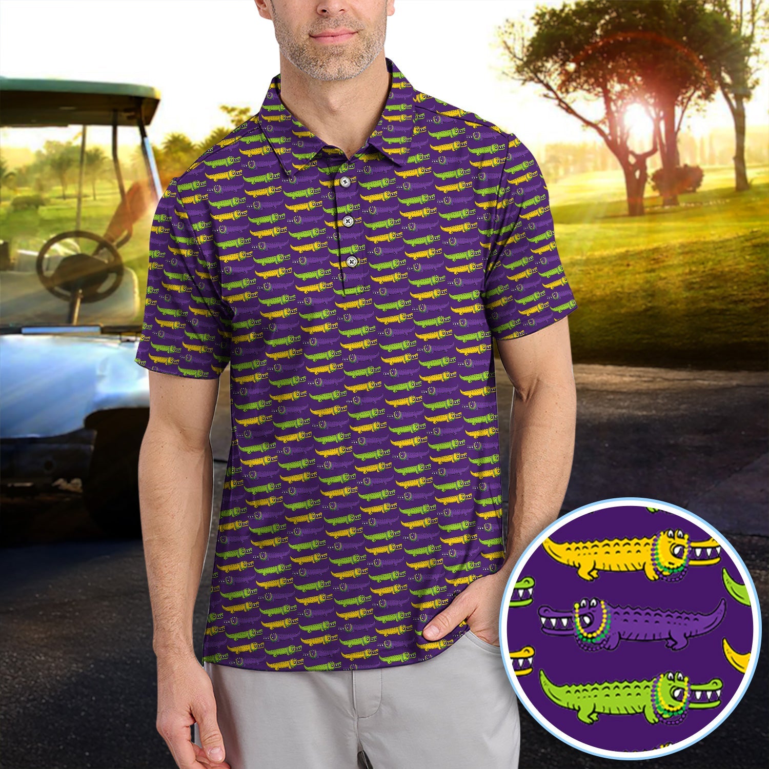 Mardi Gras Alligator Pattern Golf Shirt, Carnival Golf Shirt For Men, Golf Gift For Golfer