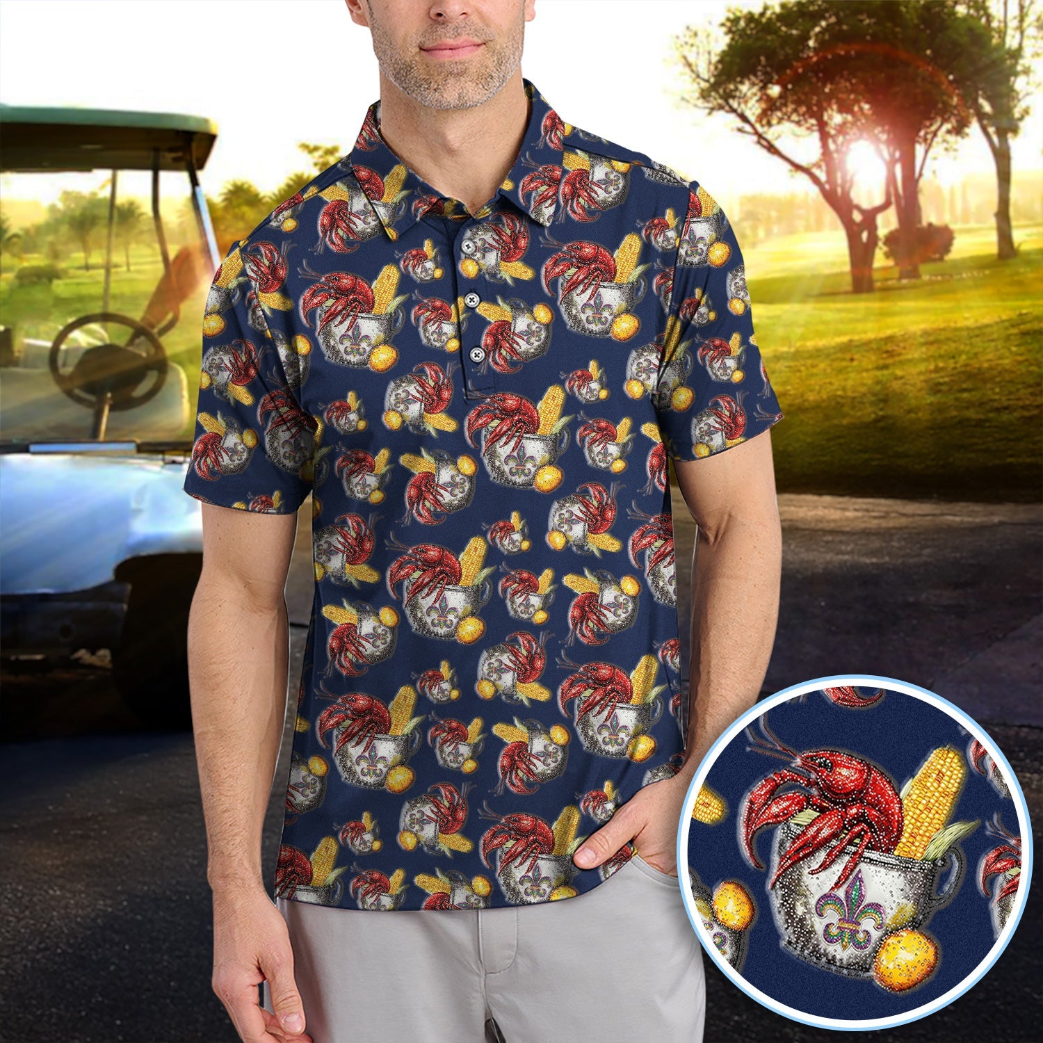 Mardi Gras Crawfish Pattern Golf Shirt, Funny Louisiana Crawfish Golf Polos For Men, Golf Gift For Golfer