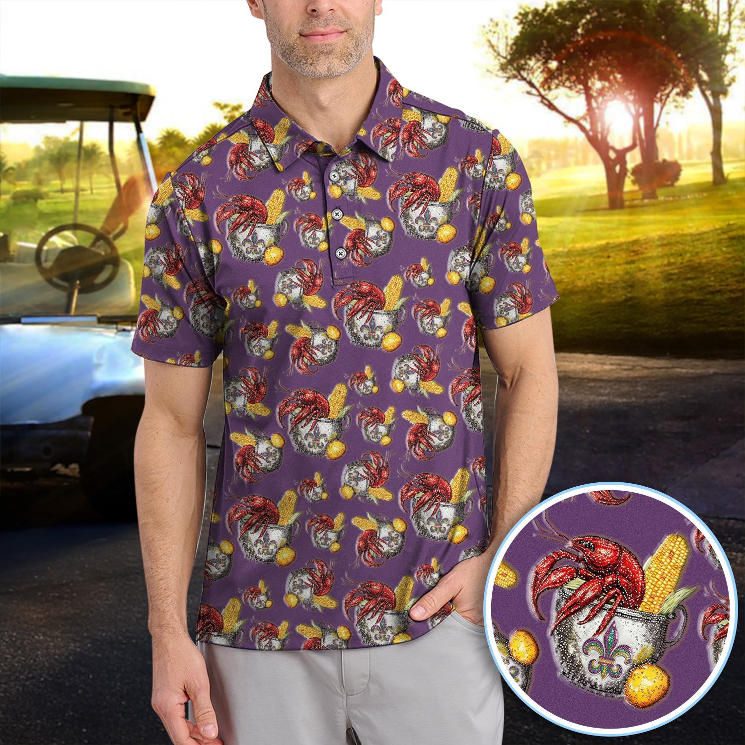 Mardi Gras Crawfish Pattern Golf Shirt, Funny Louisiana Crawfish Golf Polos For Men, Golf Gift For Golfer