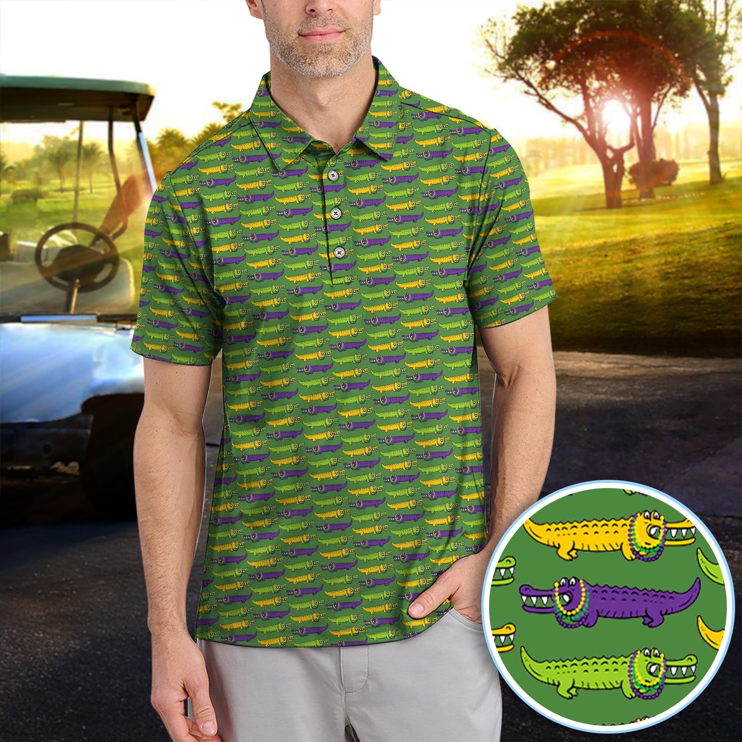 Mardi Gras Alligator Pattern Golf Shirt, Carnival Golf Shirt For Men, Golf Gift For Golfer