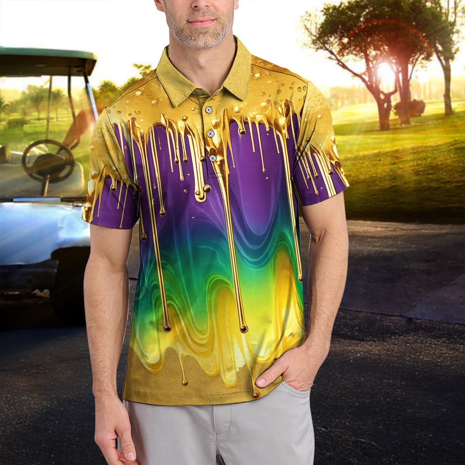 Mardi Gras Gradient Golf Shirt, Holiday Golf Polos For Men, Golf Gift For Golfer
