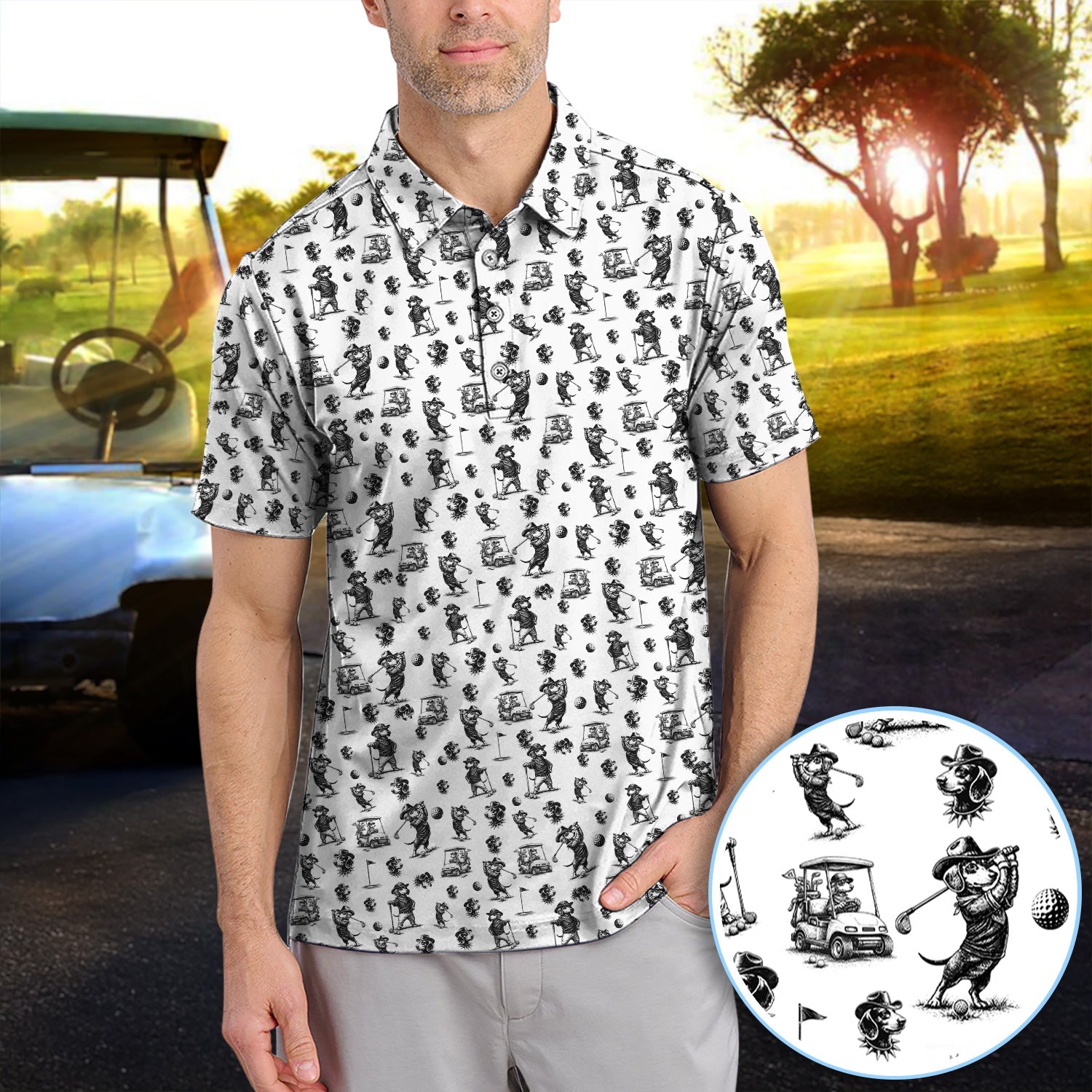 Funny Dachshund Pattern Golf Shirt, Crazy Wiener Dog Golf Polos For Men, Golf Gift For Golfer