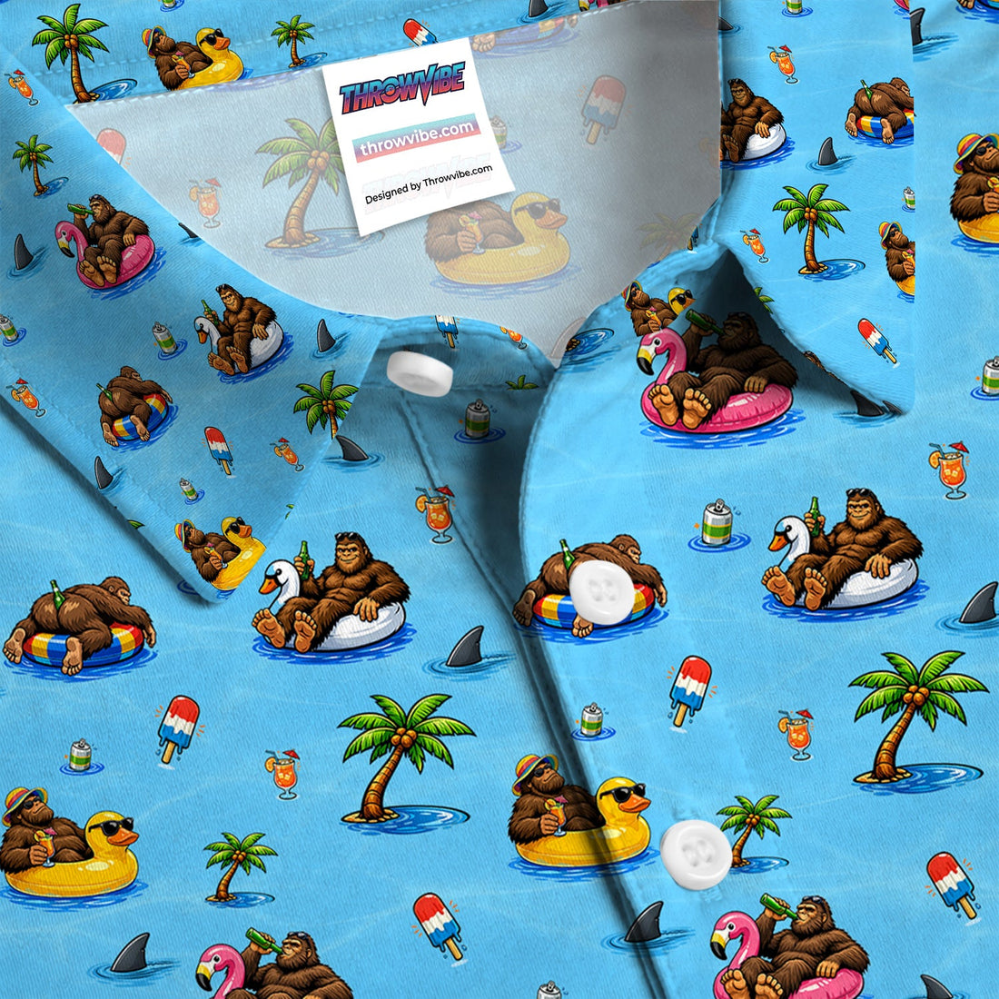 Funny Summer Bigfoot Pool Float Pattern Shirt, Sasquatch Beach Party Golf Polo Shirt For Men, Vacation Golf Gift