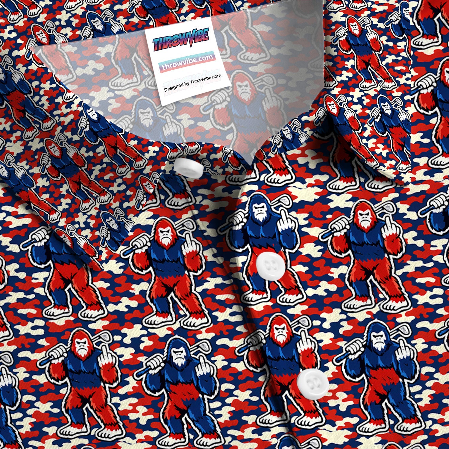 Patriotic Bigfoot Golf Polo Shirt, Red White Blue Camo Sasquatch Pattern Shirt, Funny Golfer Gift For Men