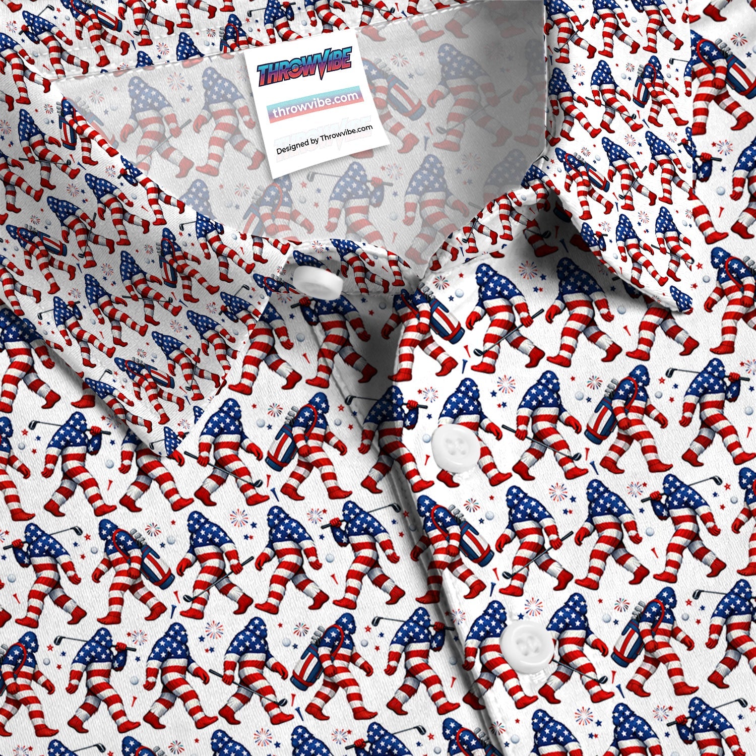 Patriotic Bigfoot Golf Pattern Shirt, American Flag Sasquatch Golf Shirt For Men, 4th Of July Gift