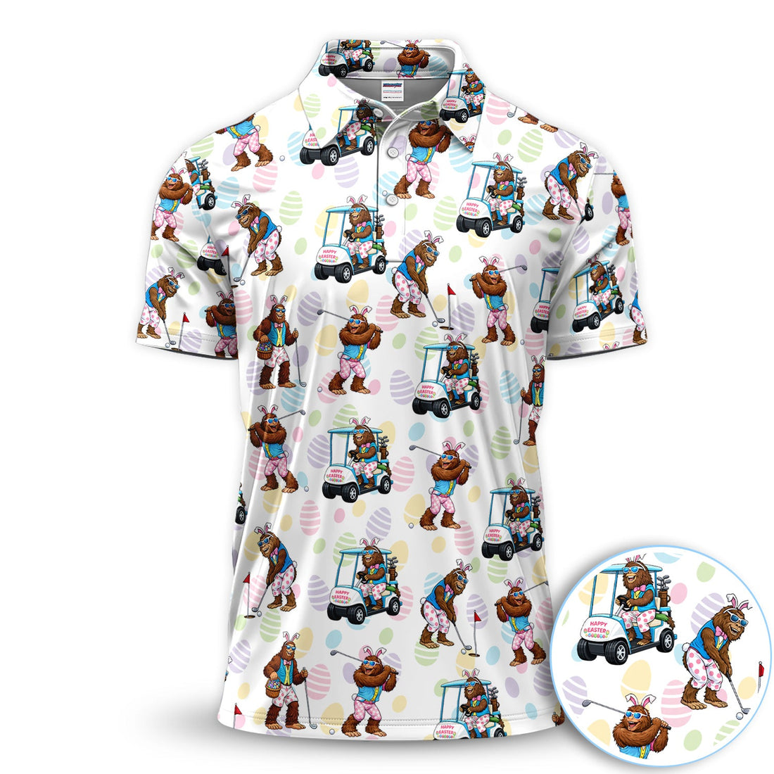 Funny Easter Bigfoot Golf Polo Shirt, Bunny Sasquatch Golfer Shirt, Unique Golf Gift for Men