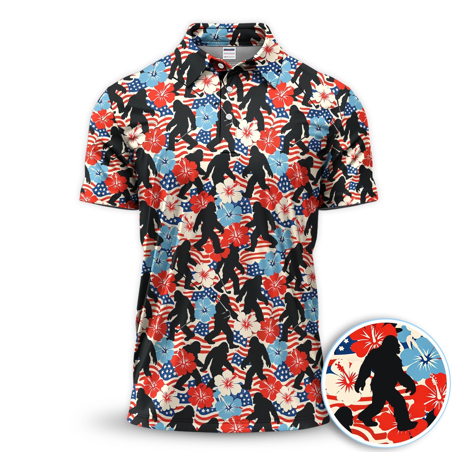 Patriotic Bigfoot USA Flag Floral Golf Pattern Shirt, Sasquatch Golf Shirt For Men, 4th Of July Golfer Gift