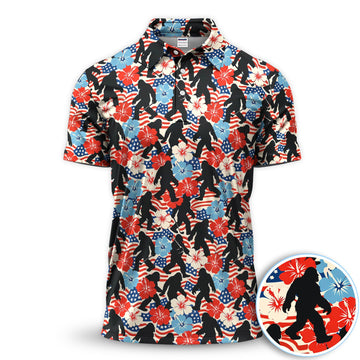 Patriotic Bigfoot USA Flag Floral Golf Pattern Shirt, Sasquatch Golf Shirt For Men, 4th Of July Golfer Gift