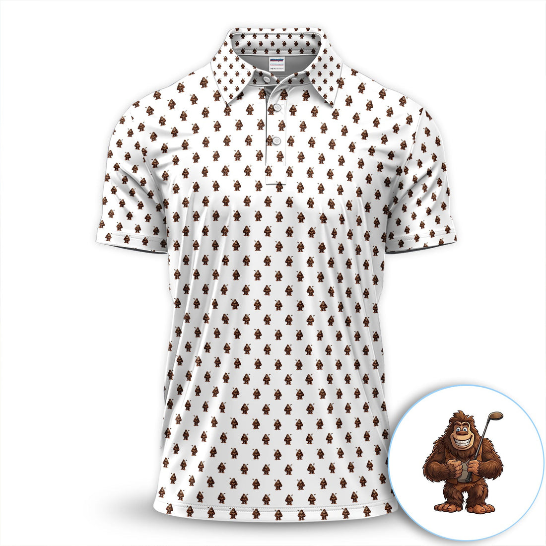 Funny Bigfoot Cartoon Pattern Golf Shirt, Cute Sasquatch Golfer Polo Shirt For Men, Golfer Gift