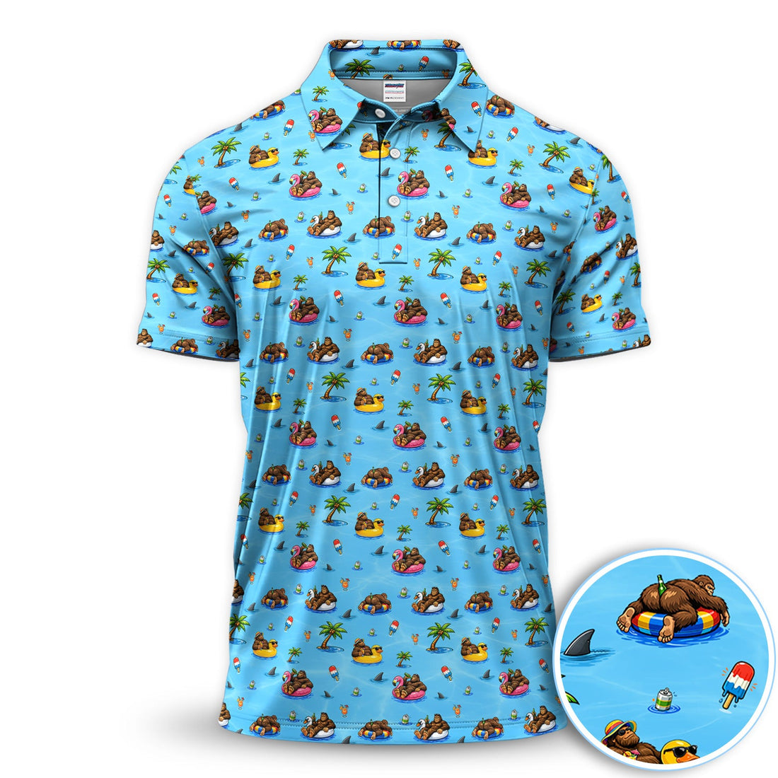 Funny Summer Bigfoot Pool Float Pattern Shirt, Sasquatch Beach Party Golf Polo Shirt For Men, Vacation Golf Gift