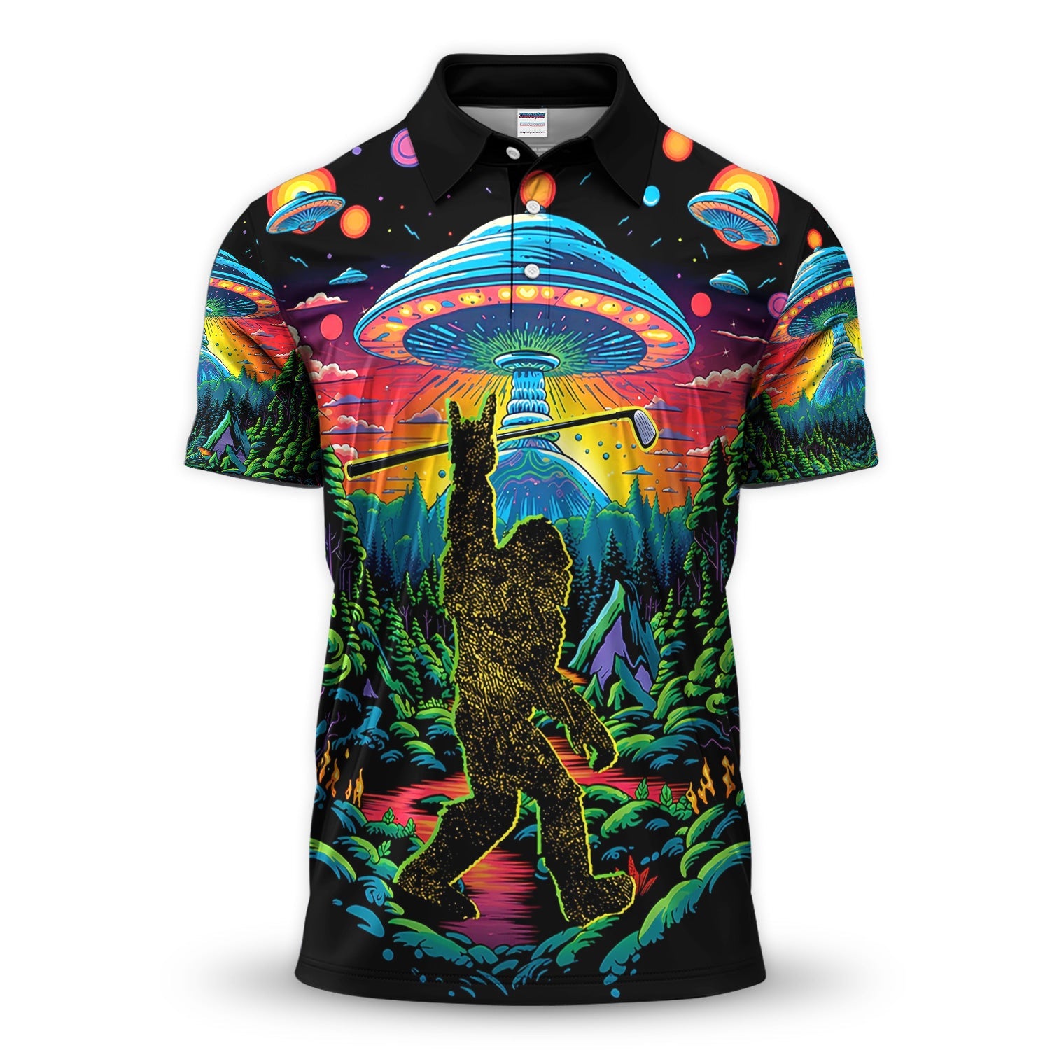 Psychedelic Bigfoot UFO Golf Pattern Shirt, Alien Bigfoot Golf Shirt For Men, Funny Golfer Gift
