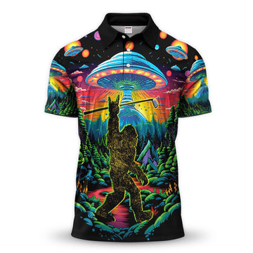 Psychedelic Bigfoot UFO Golf Pattern Shirt, Alien Bigfoot Golf Shirt For Men, Funny Golfer Gift