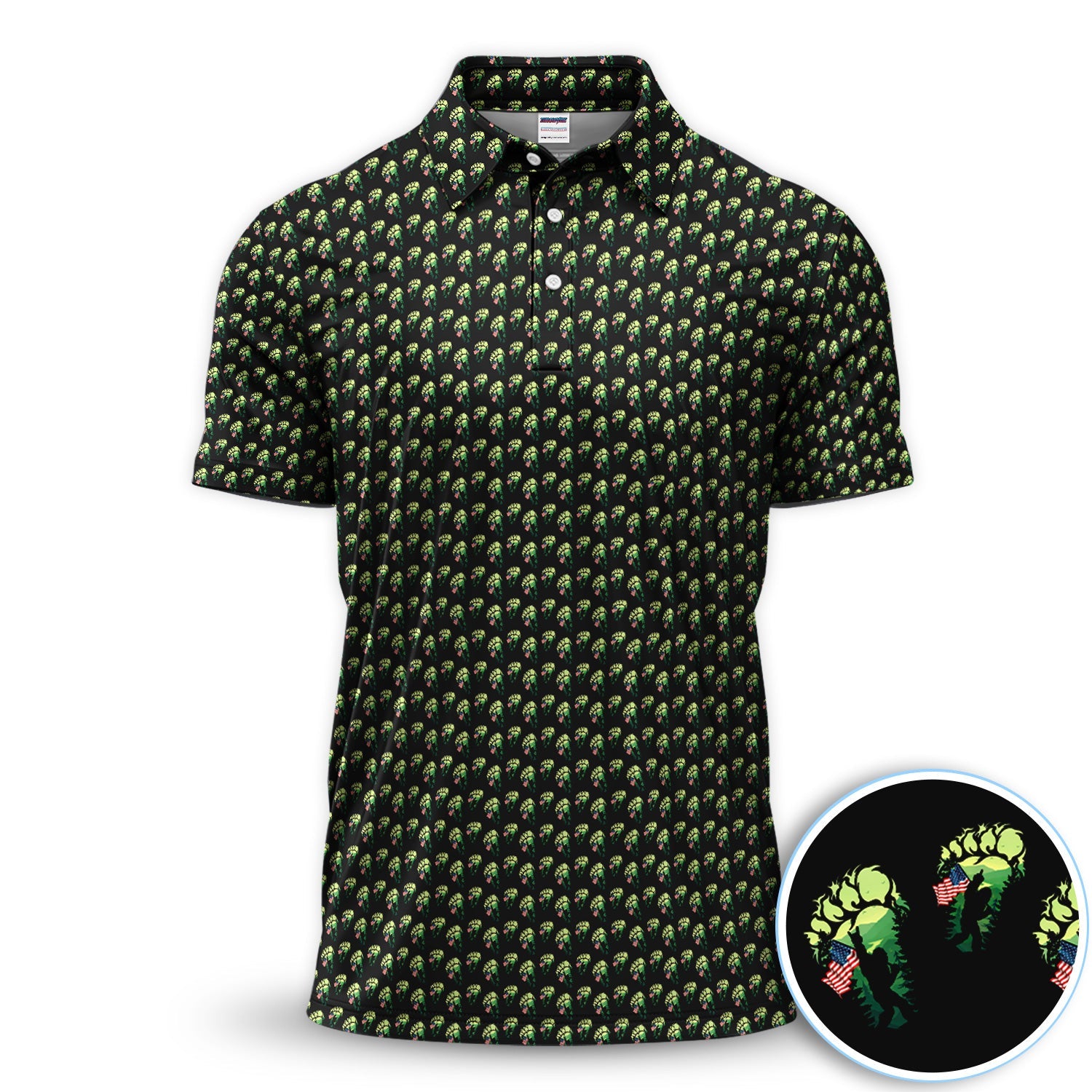 Bigfoot Patriotic Polo Shirt, American Flag Sasquatch Golf Shirt, Funny Bigfoot Footprint Pattern Polo For Men, Unique Gift For Golfer