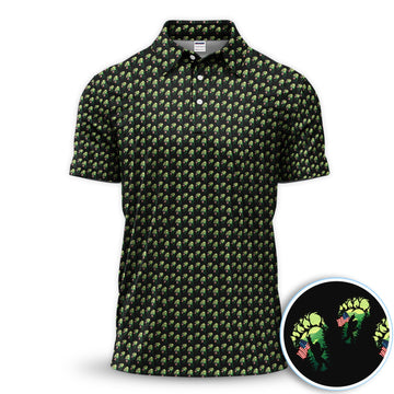 Bigfoot Patriotic Polo Shirt, American Flag Sasquatch Golf Shirt, Funny Bigfoot Footprint Pattern Polo For Men, Unique Gift For Golfer