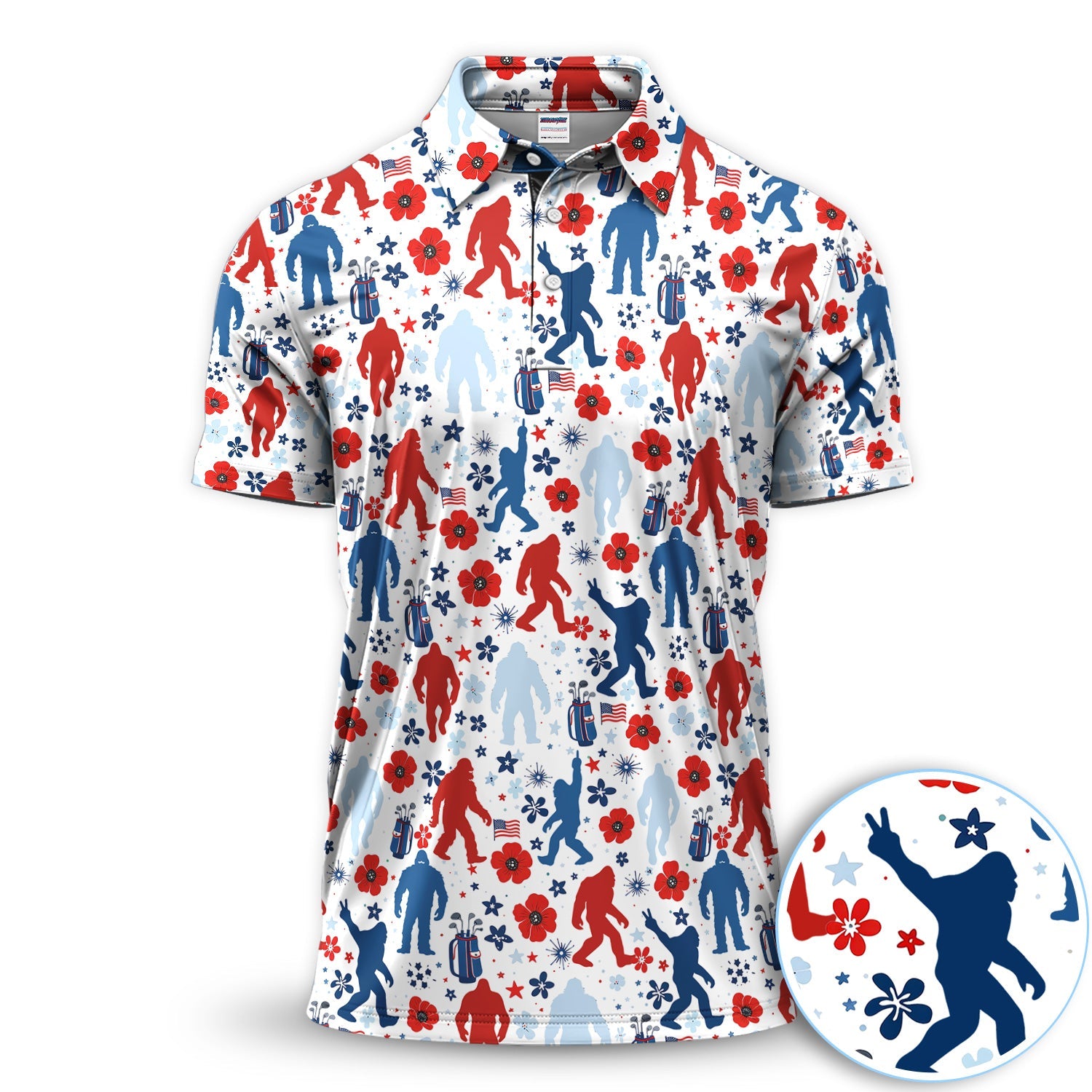 Patriotic Bigfoot Golf Polo Shirt For Men, USA Flag Red Blue White Sasquatch Pattern Golf Shirt