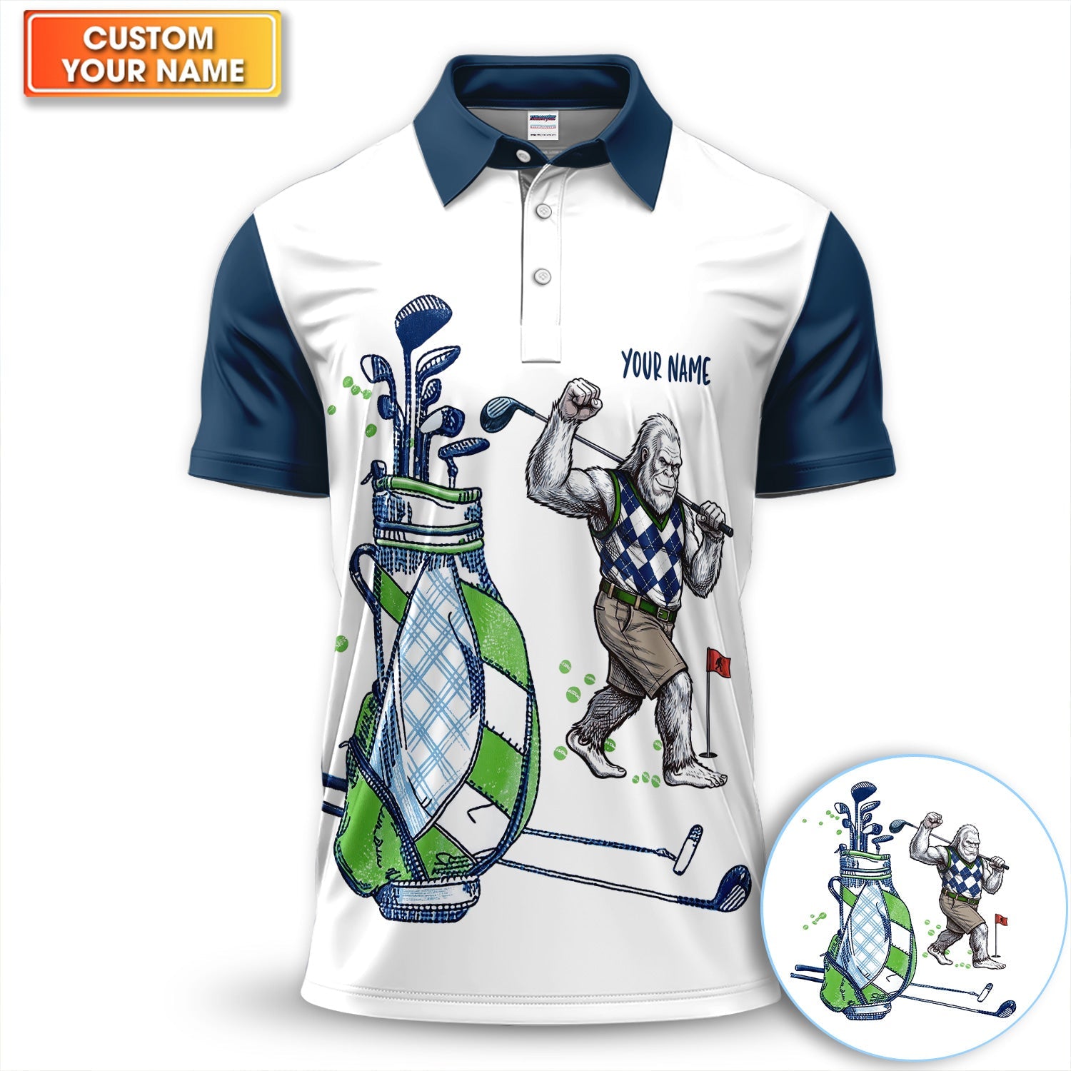 Custom Name Gorilla Golf Polo Shirt, Funny Bigfoot Golfer Shirt Pattern For Men, Unique Sasquatch Golf Outfit