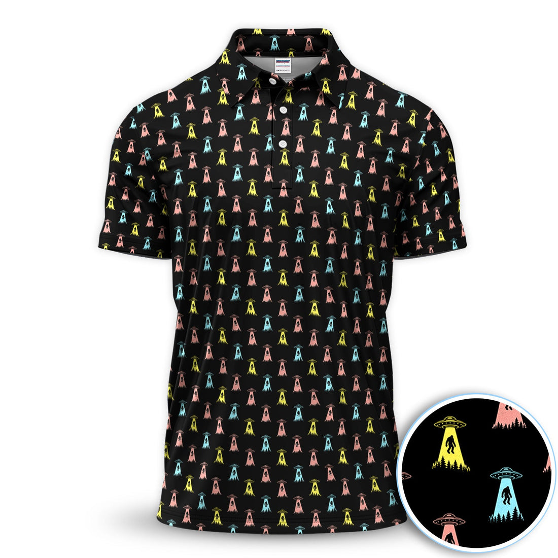 Funny UFO Bigfoot Abduction Pattern Shirt, Alien Sasquatch Golf Polo Shirt For Men, Sci Fi Golf Gift
