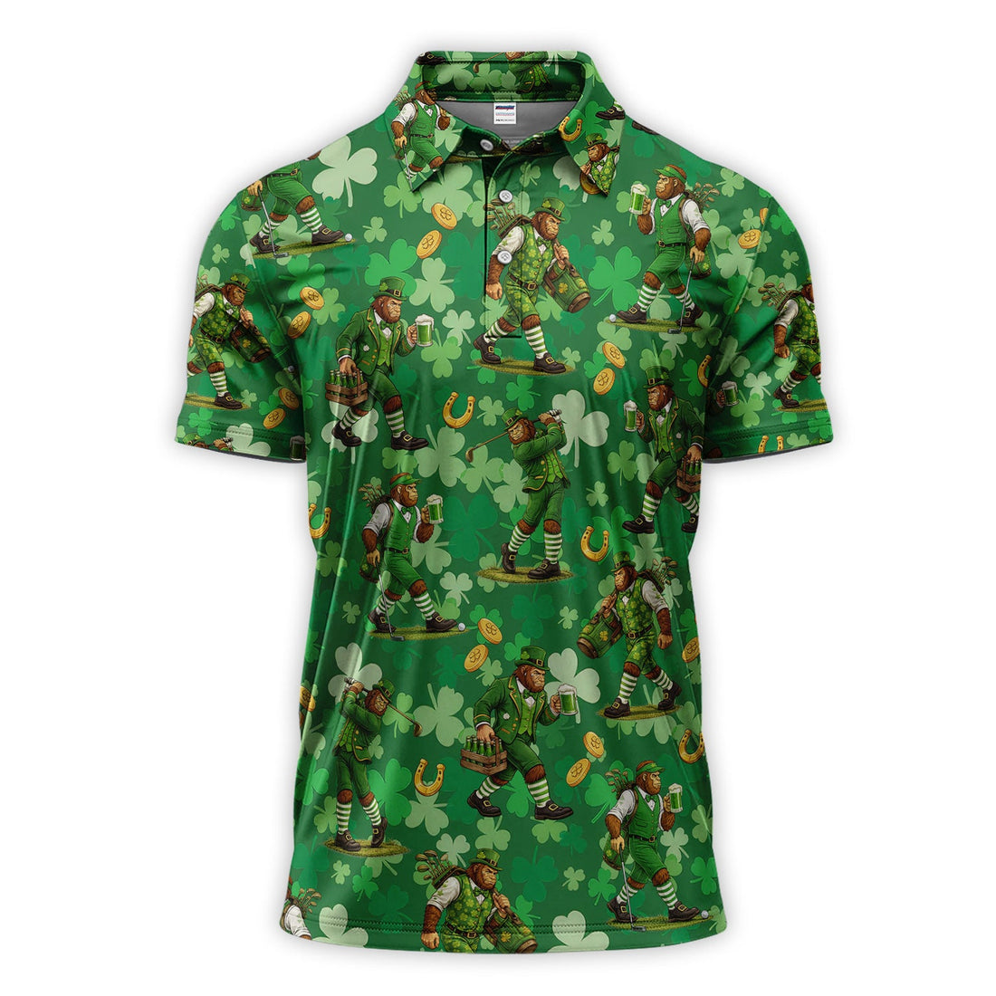 St. Patrick’s Day Bigfoot Leprechaun Golf Polos, Funny Irish Green Golf Shirt For Golfer, Golf Gift For Men