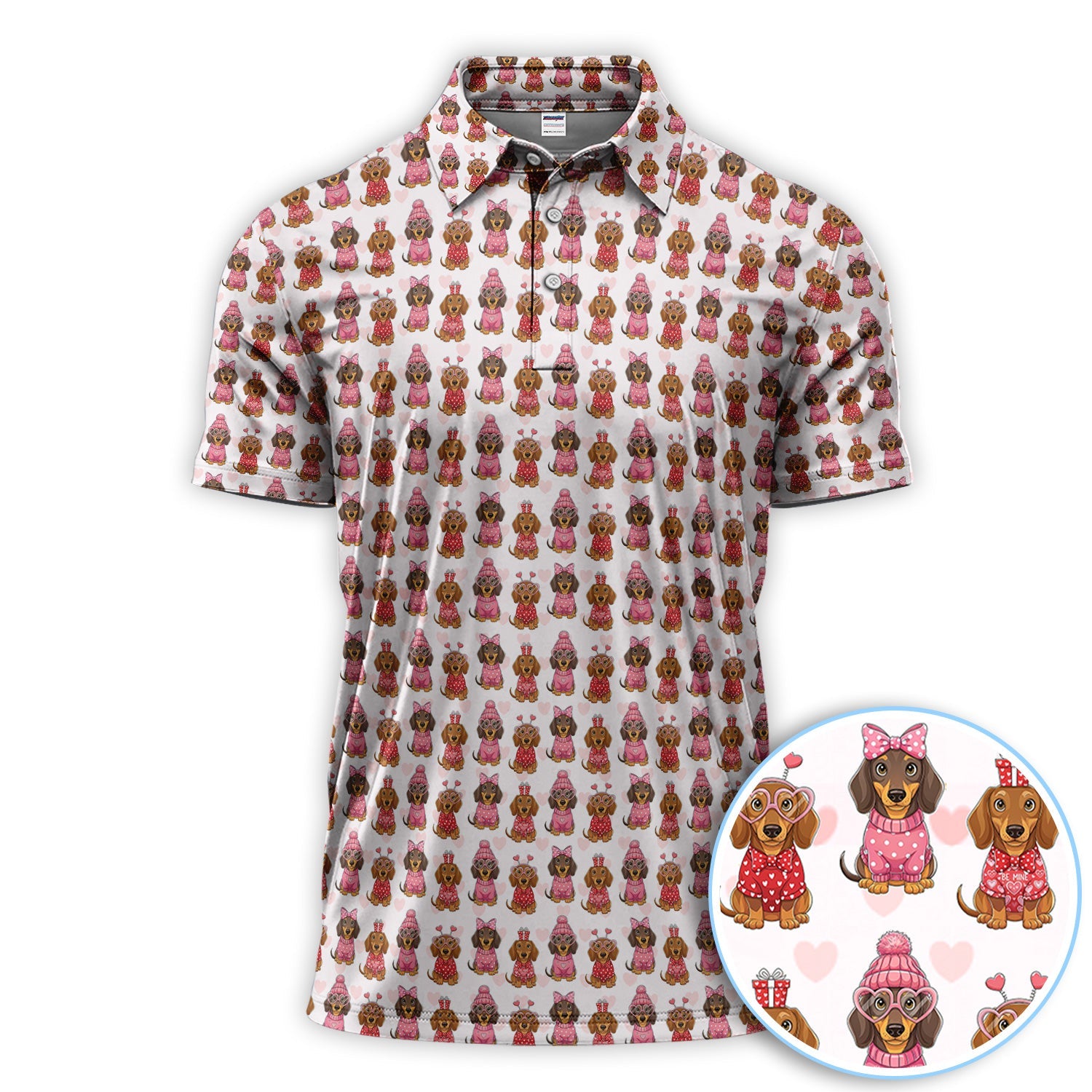 Valentine Dachshund Pattern Golf Polos, Wiener Dog Golf Shirt For Men, Crazy Golf Gift For Golfer
