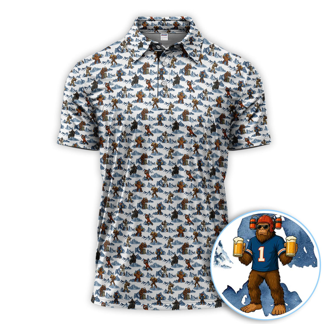 Bigfoot Pattern Golf Shirt, Sasquatch And Beer Golf Shirt For Men, Gift For Golfer