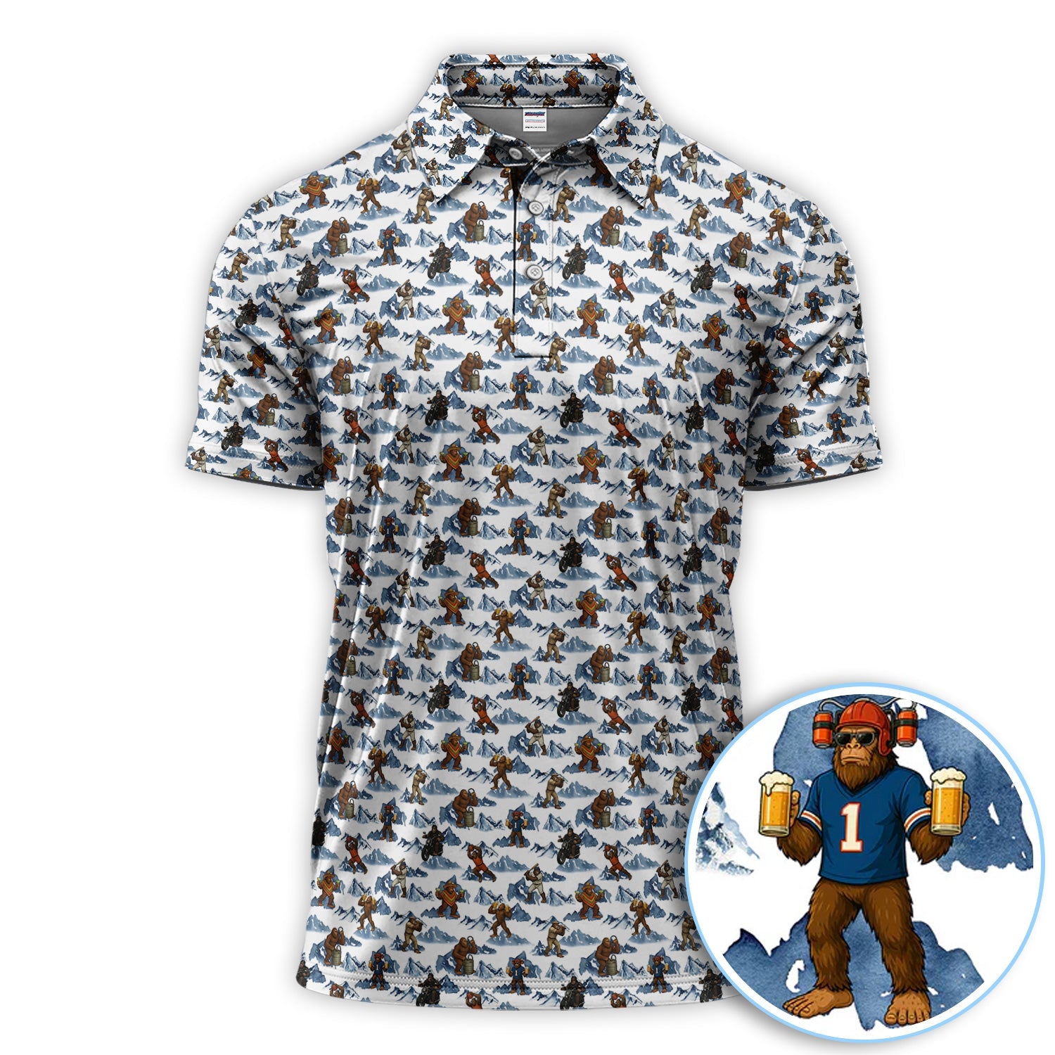 Bigfoot Pattern Golf Shirt, Sasquatch And Beer Golf Shirt For Men, Gift For Golfer
