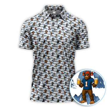 Bigfoot Pattern Golf Shirt, Sasquatch And Beer Golf Shirt For Men, Gift For Golfer