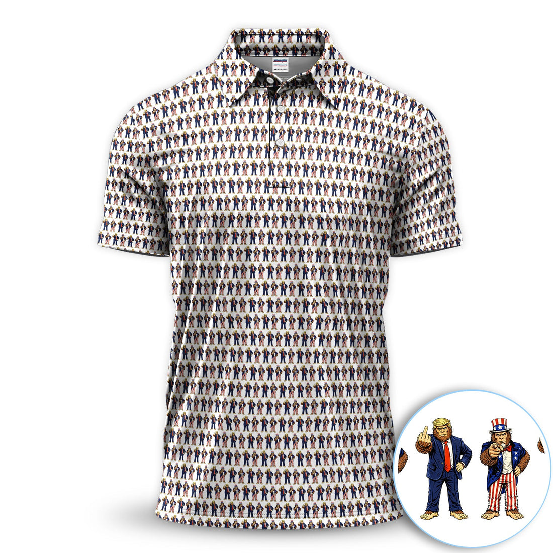 Funny Patriotic Bigfoot Polo Shirt, Trump & Uncle Sam Sasquatch Pattern Shirt, 4th of July Golf Gift For Men